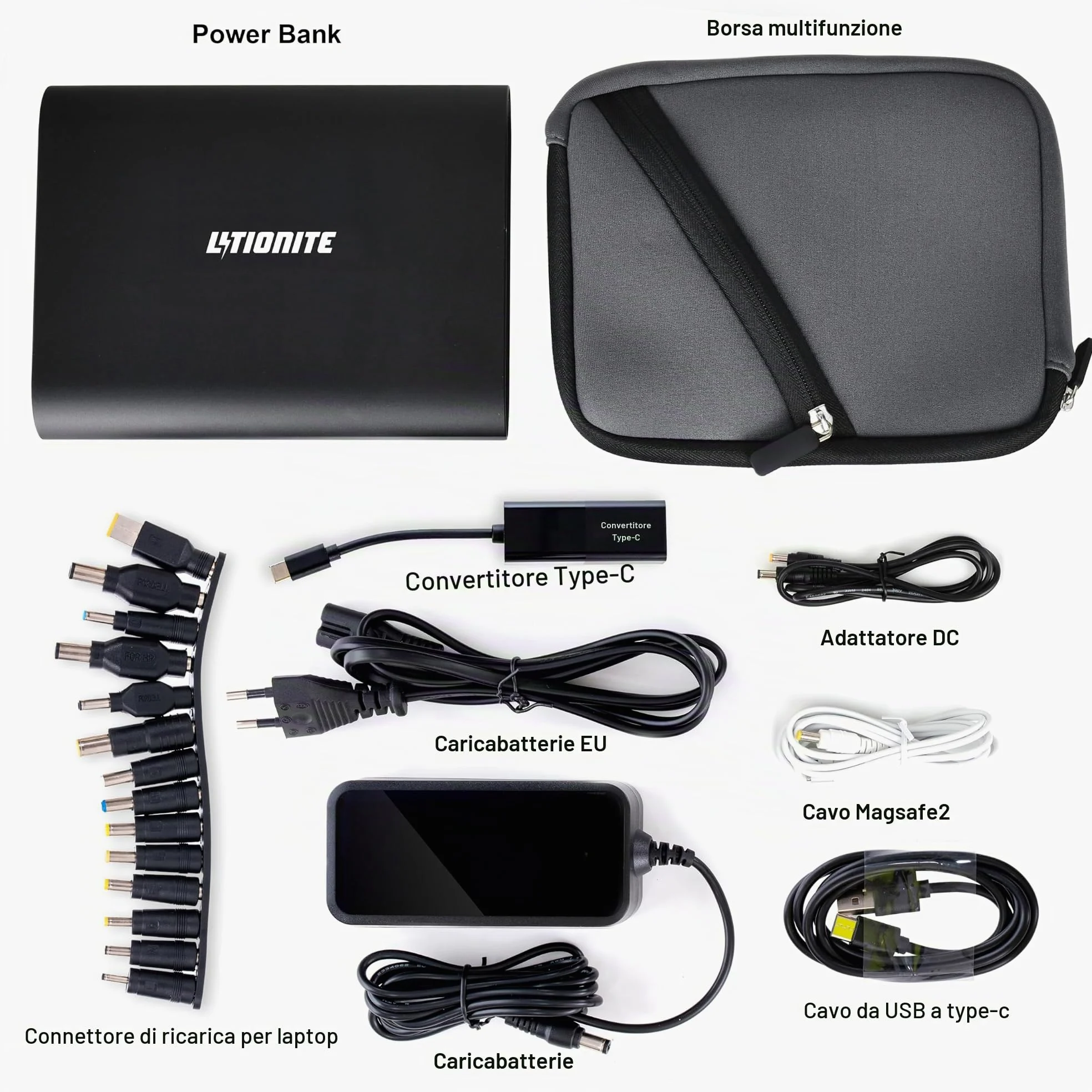 LITIONITE Tanker 90W / 50.000mAh Power Bank Batteria Esterna portatile con Display LED - 2x USB - 1x Type-C (36W) - 1x DC (90W) - Alimentatore Caricabatterie per PC/Computer/Notebook/Smartphone/Tablet