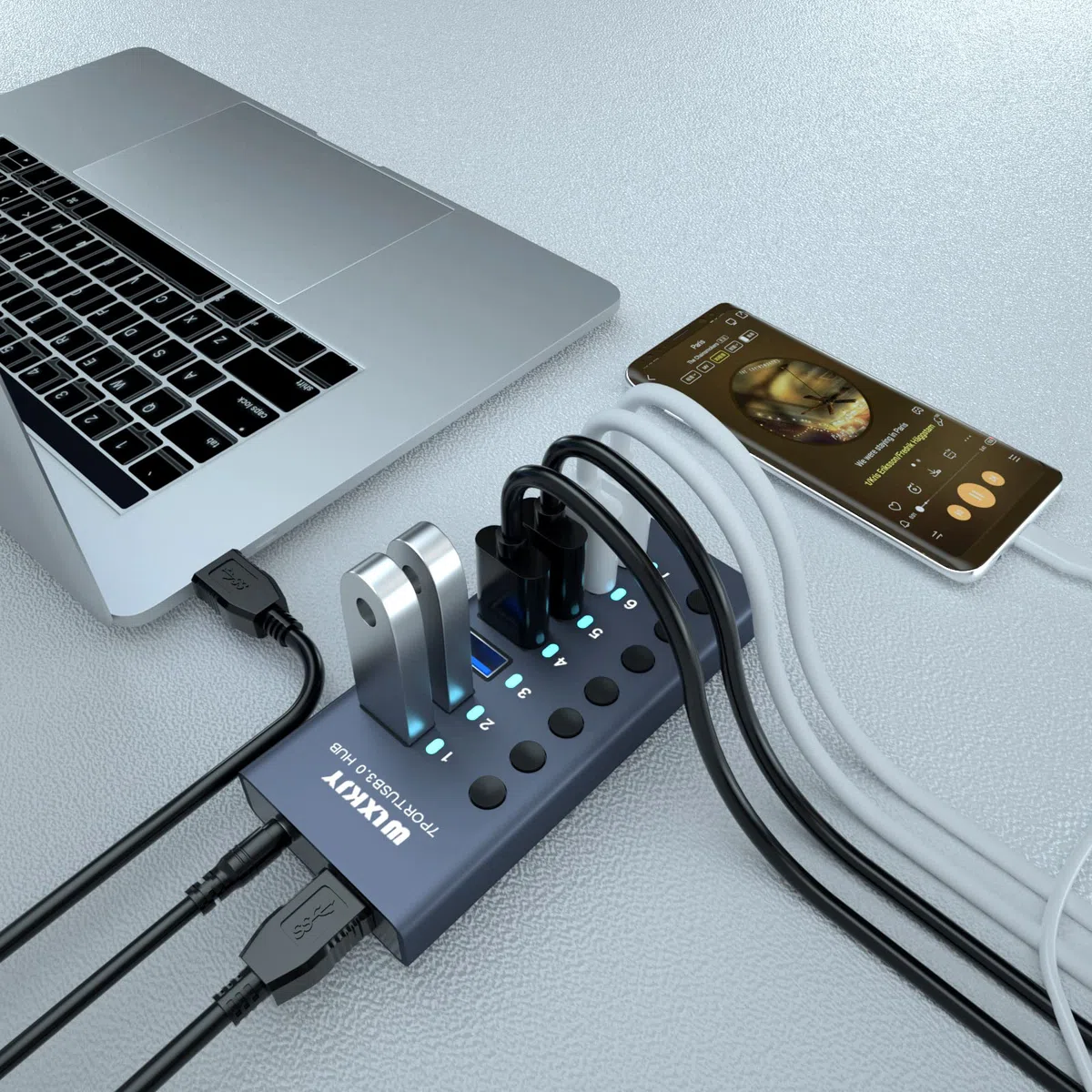 Hub USB 3.0 in alluminio, hub USB attivo - 7 porte USB 3.0 SuperSpeed, interruttori individuali e alimentatore da 36 W (12 V/3 A) per MacBook/MacBook Air/MacBook PRO