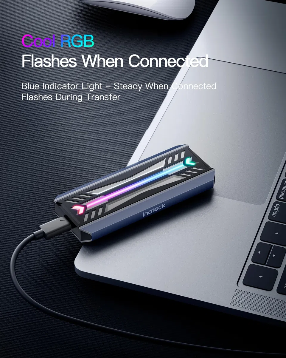 Inateck RGB Custodia SSD M.2 NVMe SATA, USB 3.2 Gen 2 (10 Gbps) Custodia con Supporto UASP Trim per SSD NVME/SATA 2242/2260/2280 (Chiave M/M&B), Installazione Senza Attrezzi (Fino a 4 TB), FE2024
