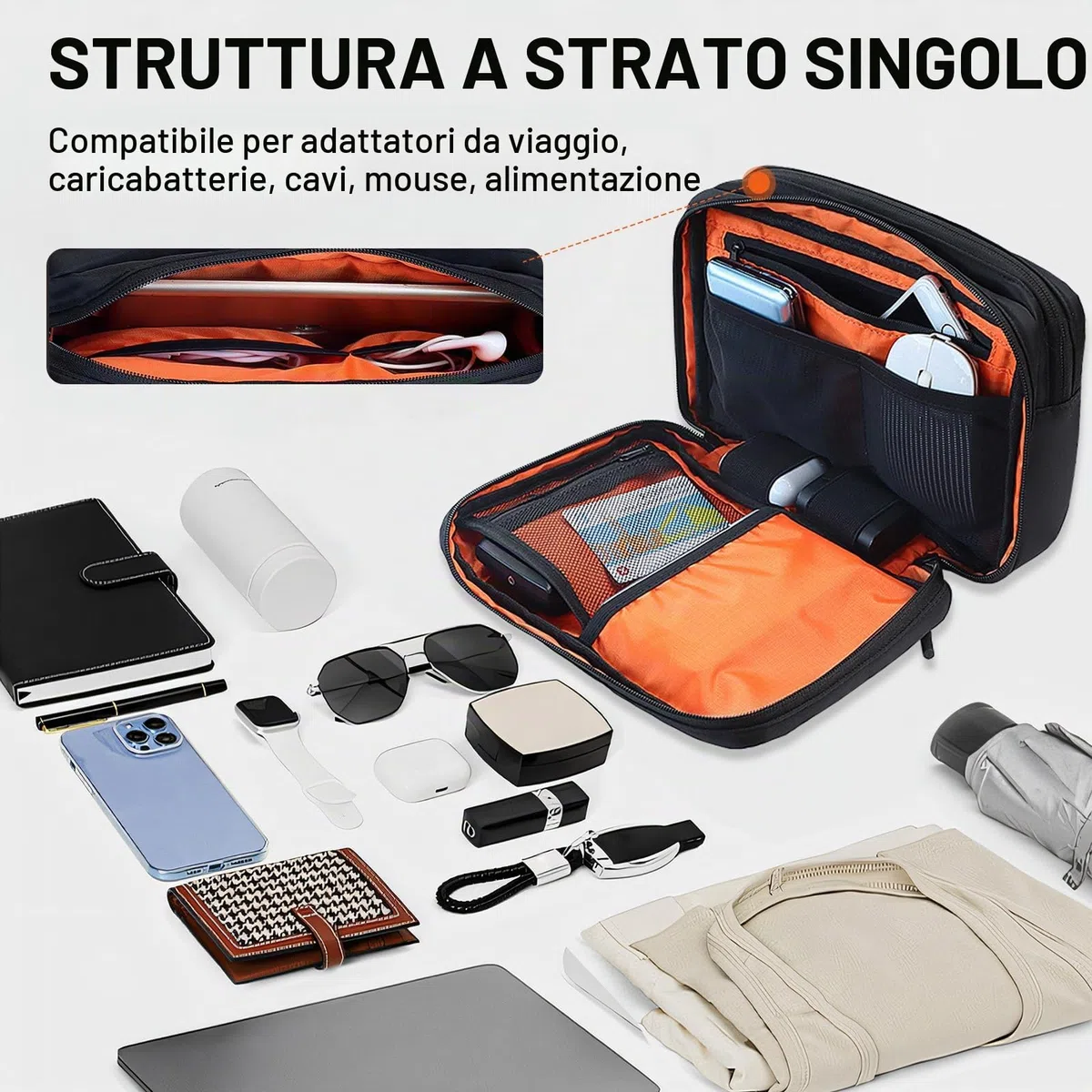 Teskyer Borsa Organizer Cavi - Portatile, Grande Capacità, Impermeabile, Borsa per gadget da viaggio, Accessori da viaggio, 25 x 17 x 8 cm, Nero