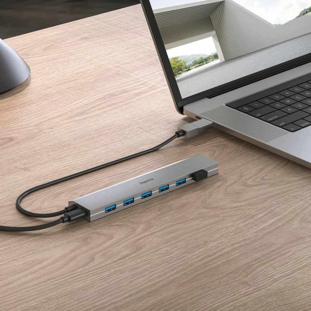 Hama Hub USB 7 porte (porta USB-A e USB-C con alimentatore, 7 x USB-A per mouse, tastiera, disco rigido esterno, chiavetta USB, ecc., alloggiamento in alluminio, adattatore USB per ufficio, casa