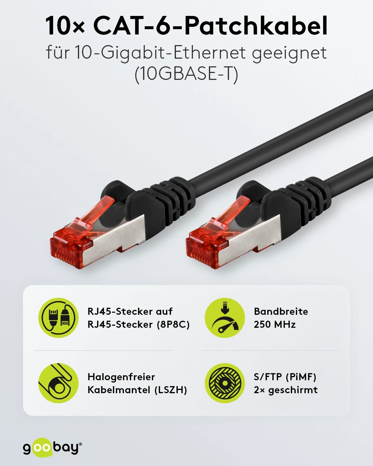 goobay 65981 - Cavo di rete CAT6 in set/cavo patch schermato S/FTP/CU Ethernet, PiMF, LSZH/Cat 6 da 10 Gbit/nero, 10 x 5 m