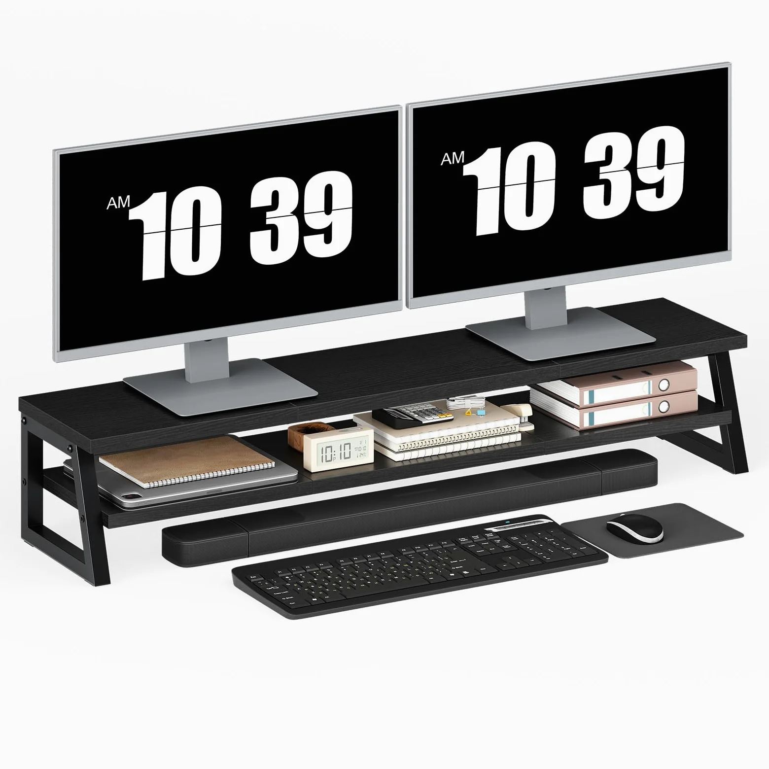 HOOBRO Supporto Monitor Scrivania a 2 Livelli per 2 Monitor, Supporto per Monitor con Rialzo per Monitor, Mensola da Scrivania per Ufficio con Spazio Contenitore, Accessori, Nero EBB122CJ01