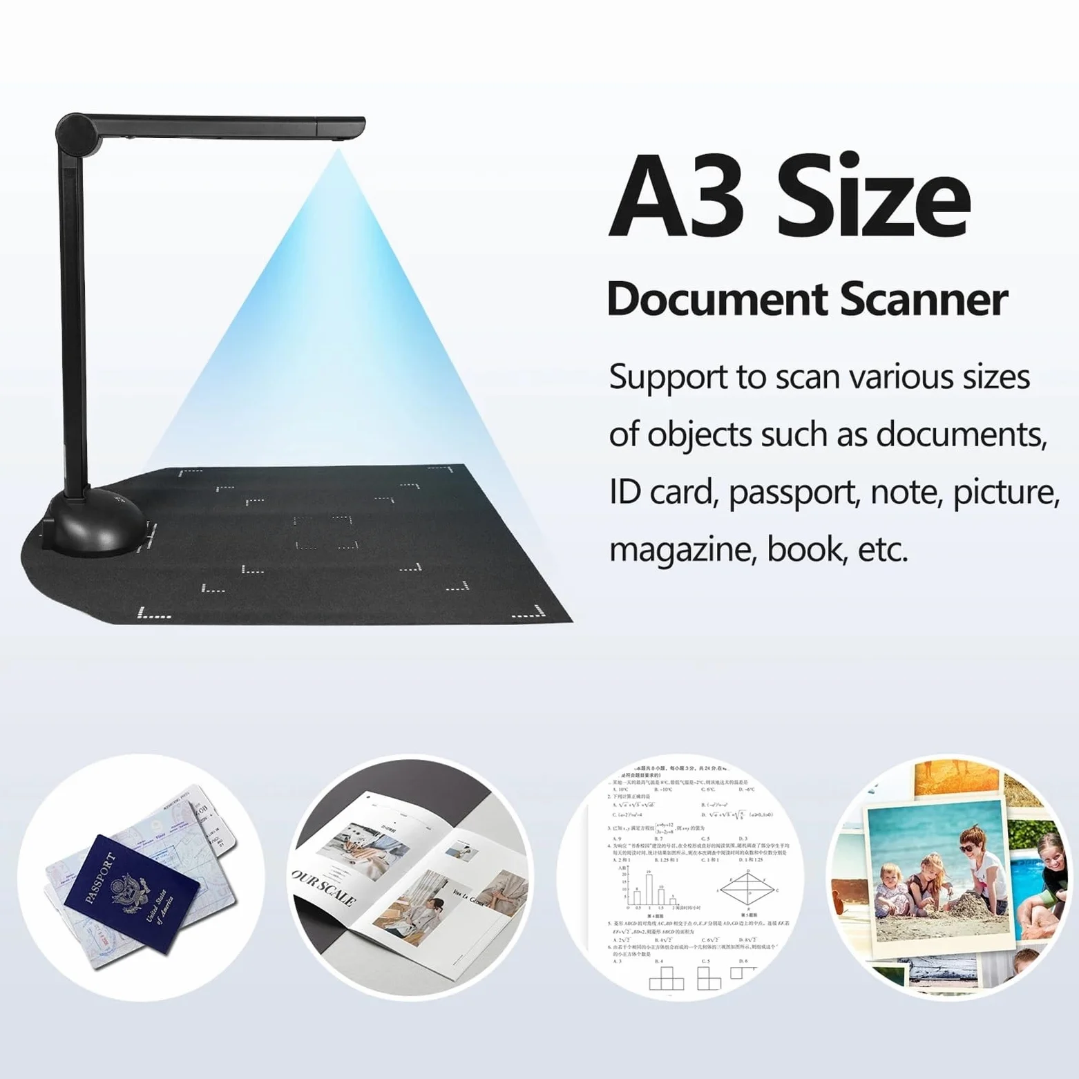 Scanner portatile, Scanner For Documenti Formato A3 A4 Con Luce Di Riempimento A LED HD Da 16 Megapixel, Scansione Ad Alta Velocità, Supporto OCR Multilingue
