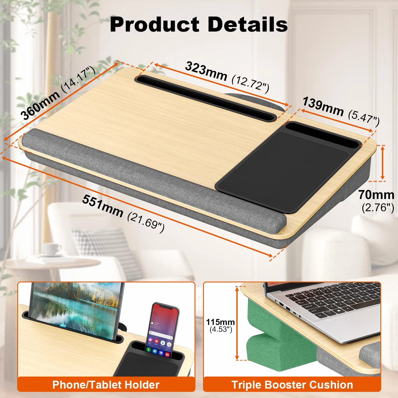 Lap Desk per computer portatili fino a 17.3", PUTORSEN scrivania portatile extra large con tappetino per mouse e tappetino da polso per notebook, Tablet, supporto per laptop con supporto per tablet
