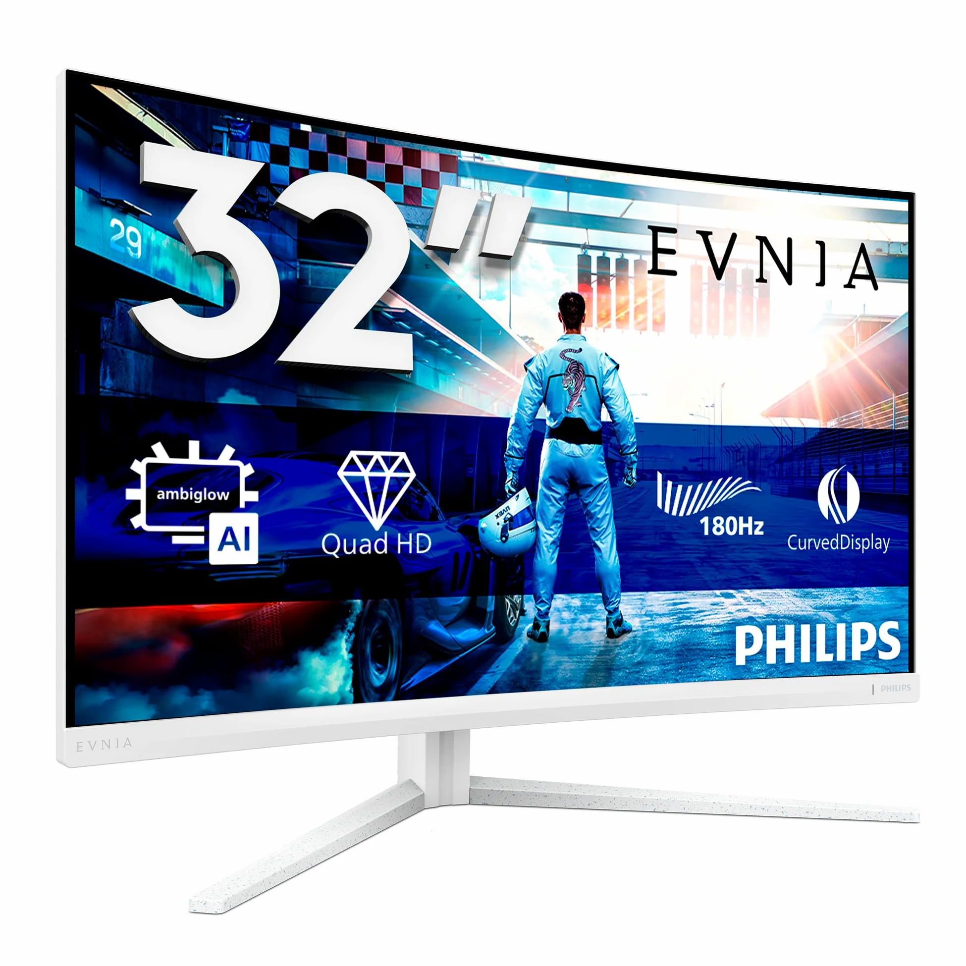 Philips Gaming Monitor 32M2C5501 31.5 pollici, Curvo, 2560x1440, WQHD, 180Hz, Fast VA Panel, 0.5ms MPRT, , (HDMI2x 2.0 DP 1x 1.4) Adaptive Sync, HDR10, FreeSync, Bianco