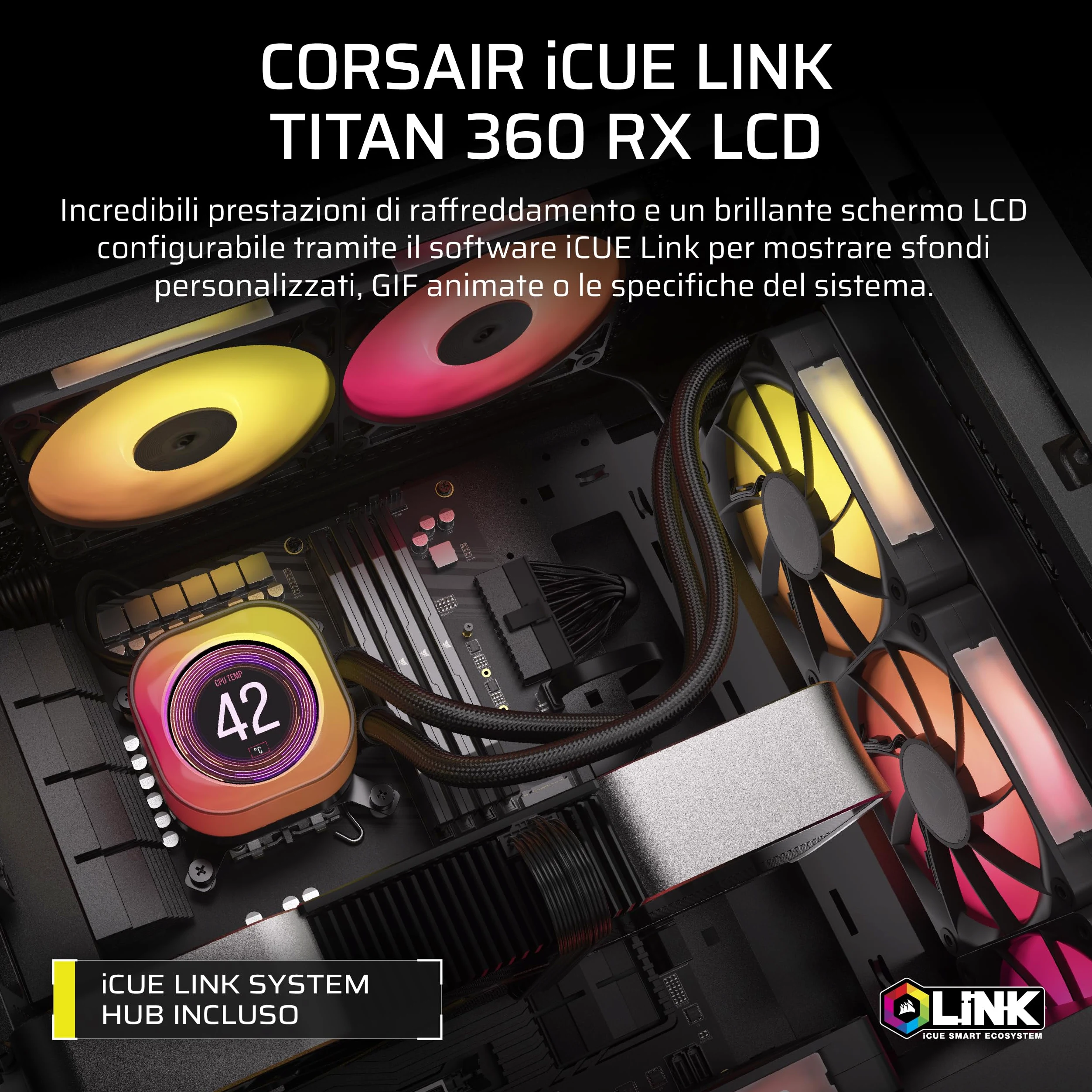 CORSAIR iCUE LINK TITAN 360 RX LCD Raffreddatore CPU a Liquido – Motore di Raffreddamento FlowDrive – Intel LGA 1851/1700, AMD AM5/AM4 – 3x RX120 Ventole RGB – iCUE LINK System Hub Incluso – Nero
