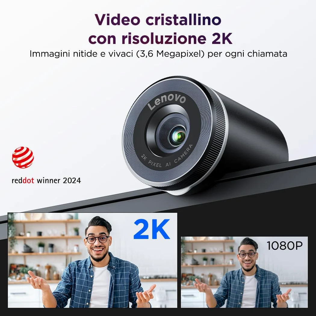 Lenovo QHD Webcam, webcam QHD per PC e notebook per videochiamate e smart working, plug and play per meeting online