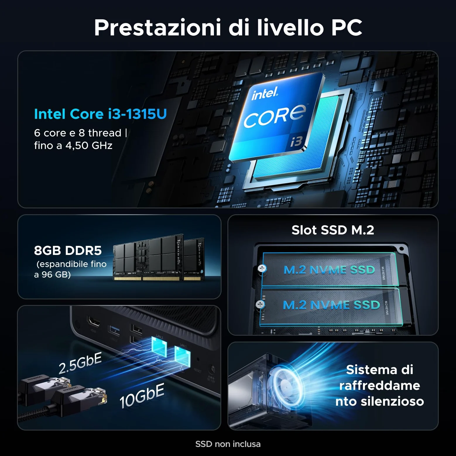 UGREEN NASync DXP4800 Pro NAS Desktop a 4 vani, CPU Intel i3-1315U a 6 core, 8GB RAM DDR5, SSD da 128GB, 10GbE & 2,5GbE porta, 2 slot M.2 NVMe, uscita HDMI 4K (senza dischi inclusi)