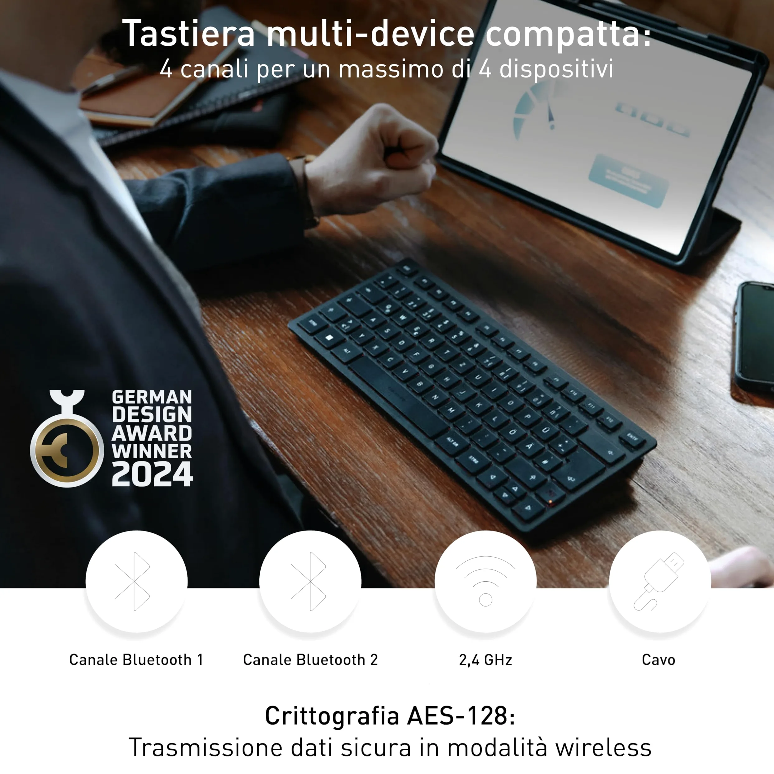CHERRY KW 9200 MINI, Tastiera Multidispositivo Compatta per fino a 4 Dispositivi, Layout per l'Unione Europea (QWERTY), Bluetooth, 2,4 GHz o Cavo, Ricaricabile, Nero