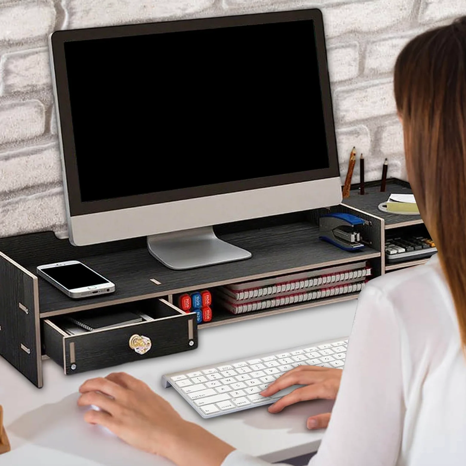 Supporto Monitor per Scrivania Supporto per Computer da Scrivania | Accessorio in Legno per PC Ufficio Stampante Tastiera Organizzazione