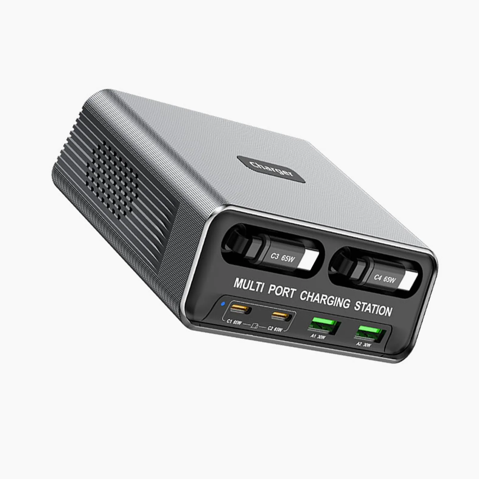 Domary Caricatore da Tavolo a 6 Porte Stazione di Ricarica Stazione di Alimentazione con Display Ad Alta Definizione Ricarica Rapida da 65 W 2 PD 2 USB Cavi Integrati per più