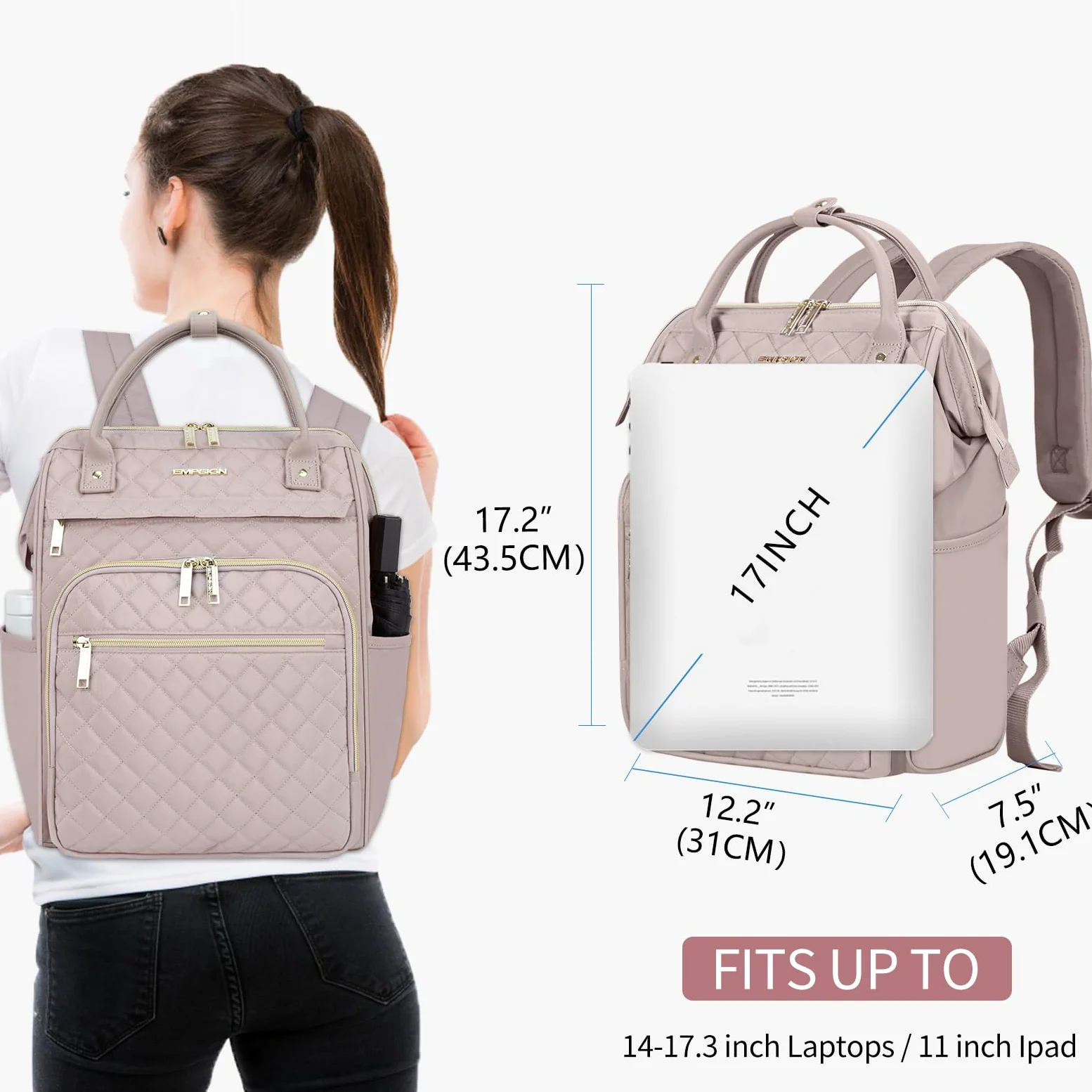 EMPSIGN Zaino Porta PC 17 Pollici, Multitasche Grande Capacità Resistente | rosa, idrorepellente, tasche laterali per borraccia, spallacci comodi, fascia trolley, adatto per scuola, ufficio e viaggi