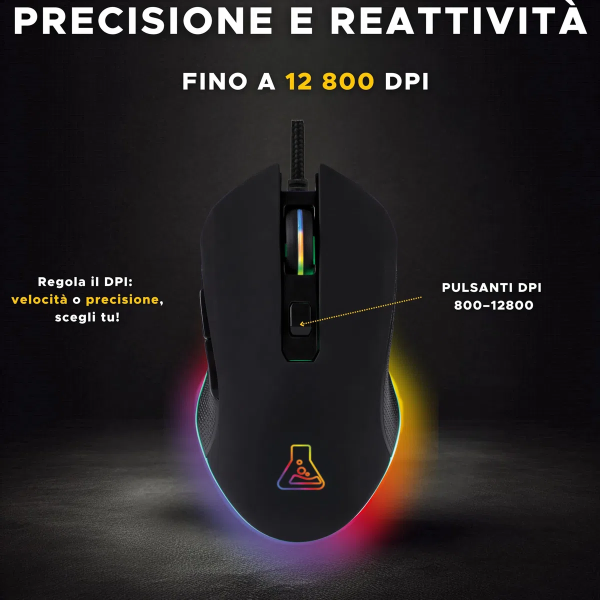 THE G-LAB - Kult Helium Pro - Mouse Gaming con Filo - Mouse da Gaming USB - Sensore Ottico Regolabile 12800 DPI, Illuminazione LED 7 Colori, Mouse Gamer Silenzioso a 6 Pulsanti - PC/PS4/PS5/Xbox