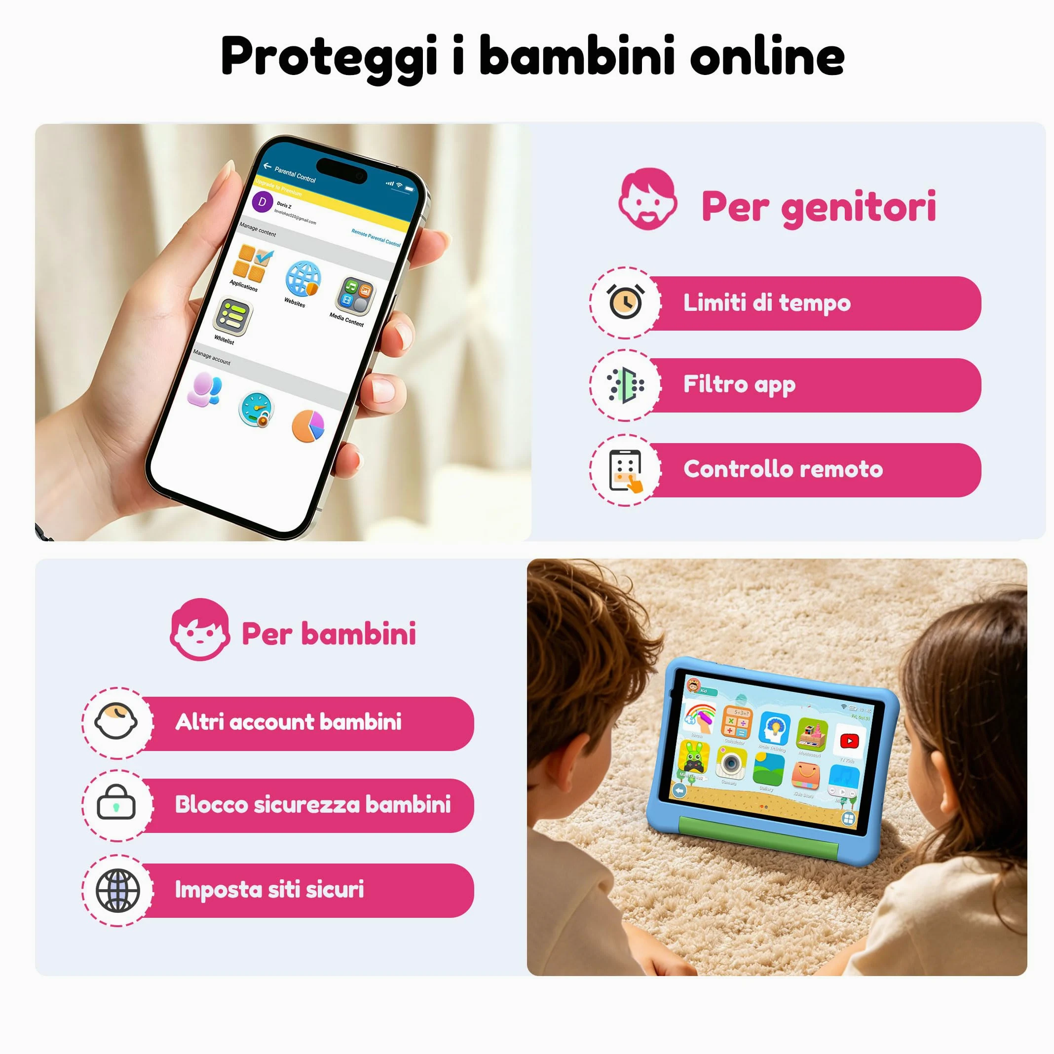 ALLDOCUBE Kido Tablet Per Bambini 8 Pollici, Android 15 Go, 32GB ROM, Rosa | Controllo Parentale, iWaWa preinstallato, 512GB TF, Unisoc T310, 5000mAh, 2 Altoparlanti, Jack 3,5mm, Cover Anticaduta
