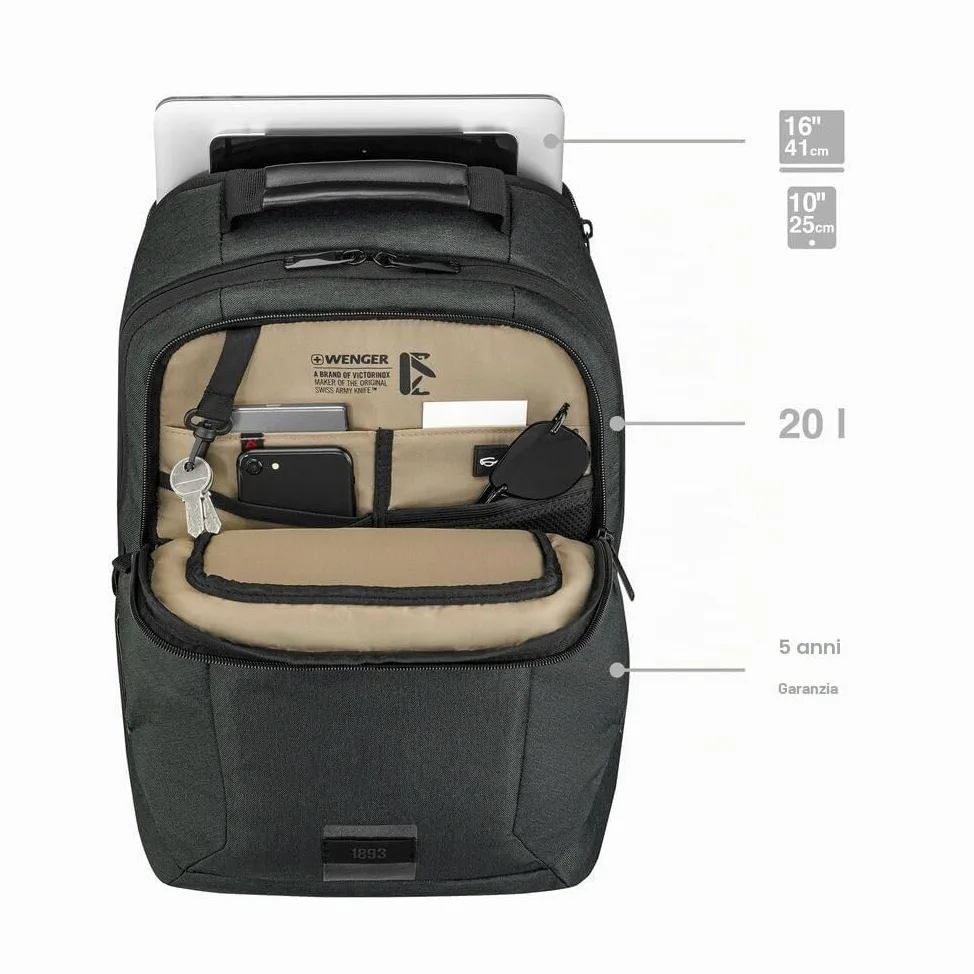 WENGER Zaino Porta PC MX ECO Professional con Tasca per Tablet, Notebook 16”, Tablet 10”, Organizer, 20 l, Uomo Donna, Ufficio Viaggi di Lavoro Università, Nero, Sostenibile, 612261