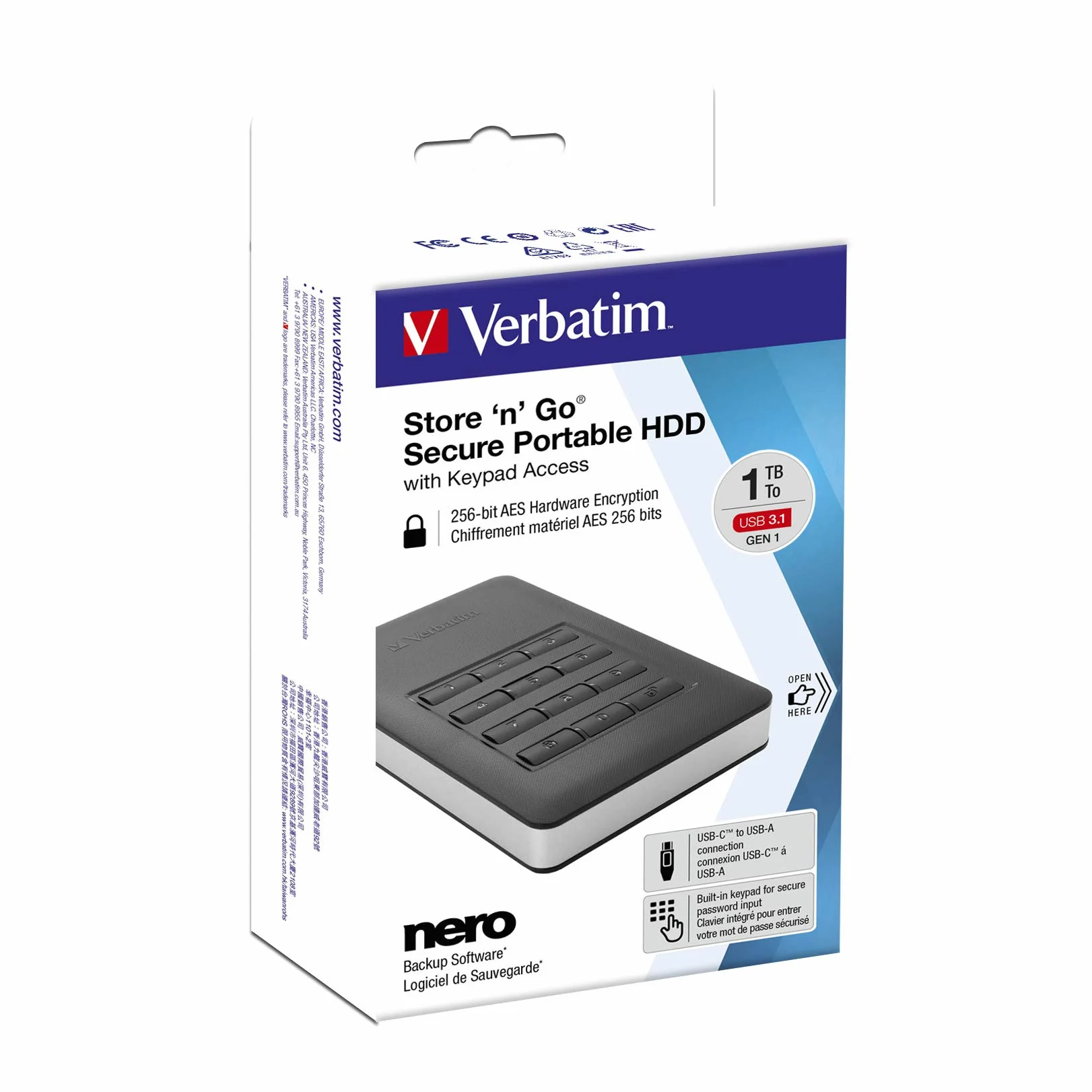 Disco rigido esterno Verbatim Store 'n' Go Secure Portable I da 2 TB I Black I con Code Access I USB 3.2 GEN 1 I Disco rigido esterno I per Windows e MacOSX I Disco rigido portatile I Disco rigido USB