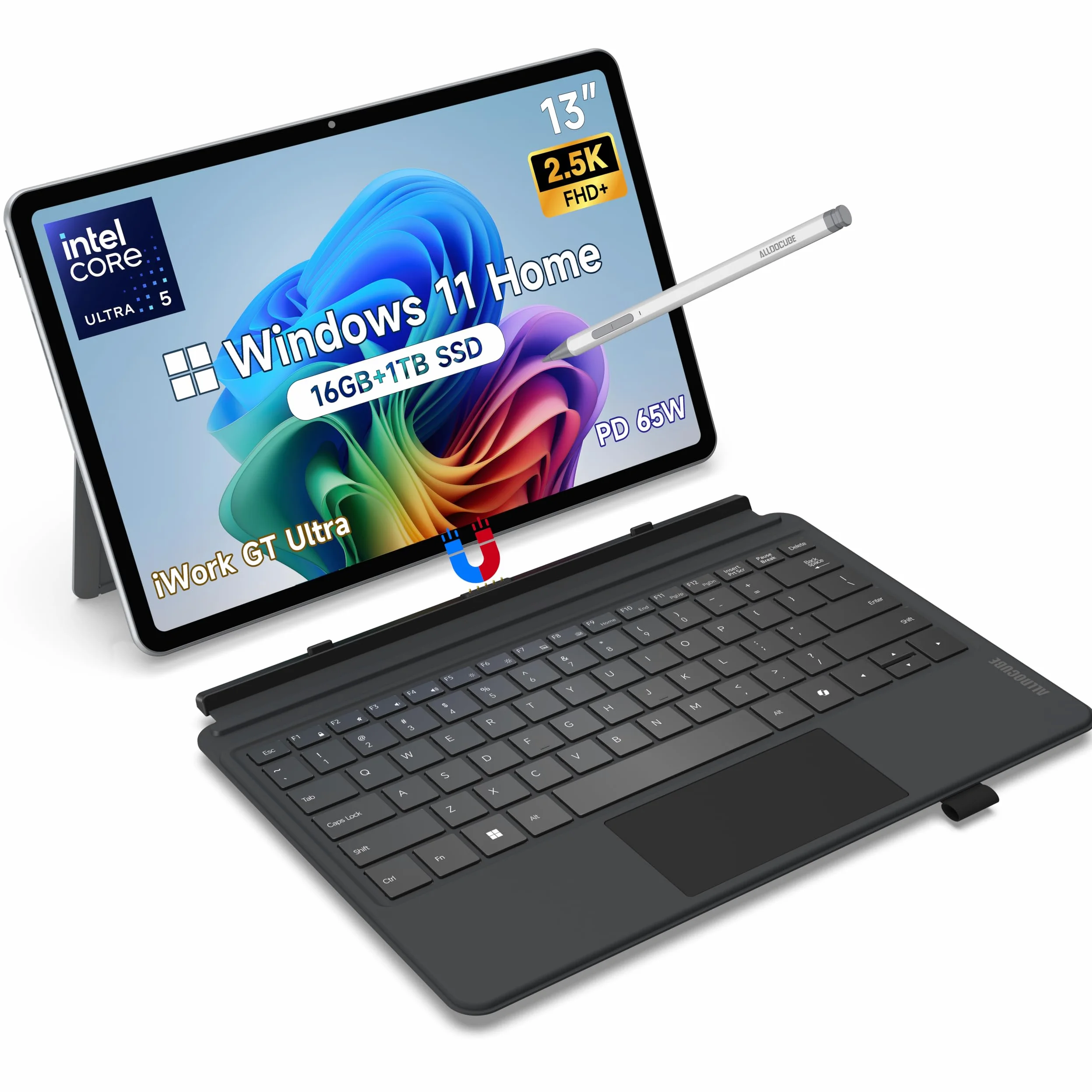 ALLDOCUBE Tablet 2-in-1 da 13 pollici con Tastiera e Stilo, Laptop Win 11 Home Intel Core Ultra 5 125H, PC Touchscreen 16GB RAM+1TB SSD, Display 2,5K, PD 65W, WiFi 6, QWERTY
