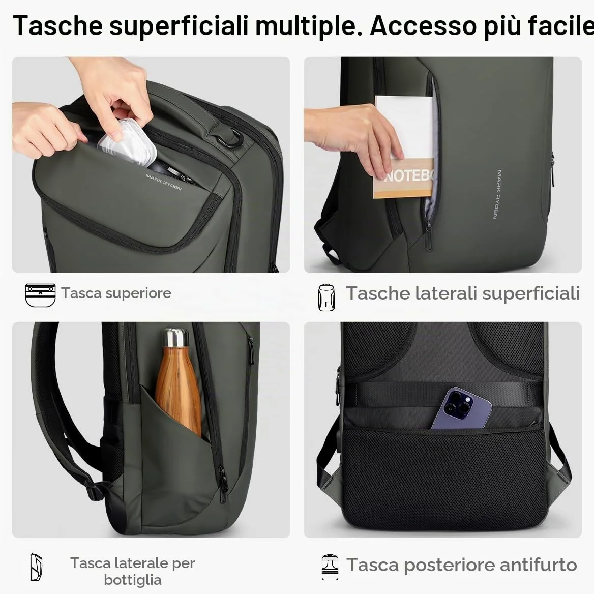 MARK RYDEN Zaino portatile di grande capacità con USB 17.3 pollici/15.6 pollici per gli uomini multifunzione antifurto zaino giorno per business