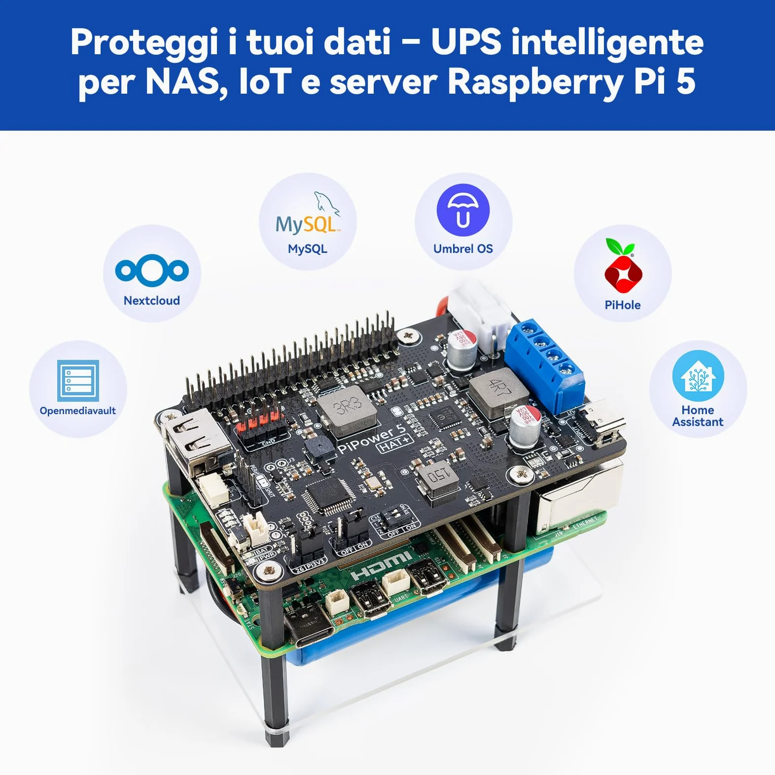 SunFounder PiPower 5 Alimentatore UPS HAT 5V/5A per Raspberry Pi 5/4B/3B+/Zero 2 W/Arduino/Pironman 5/Max/Mini, batteria ricaricabile, spegnimento sicuro, dashboard intelligente