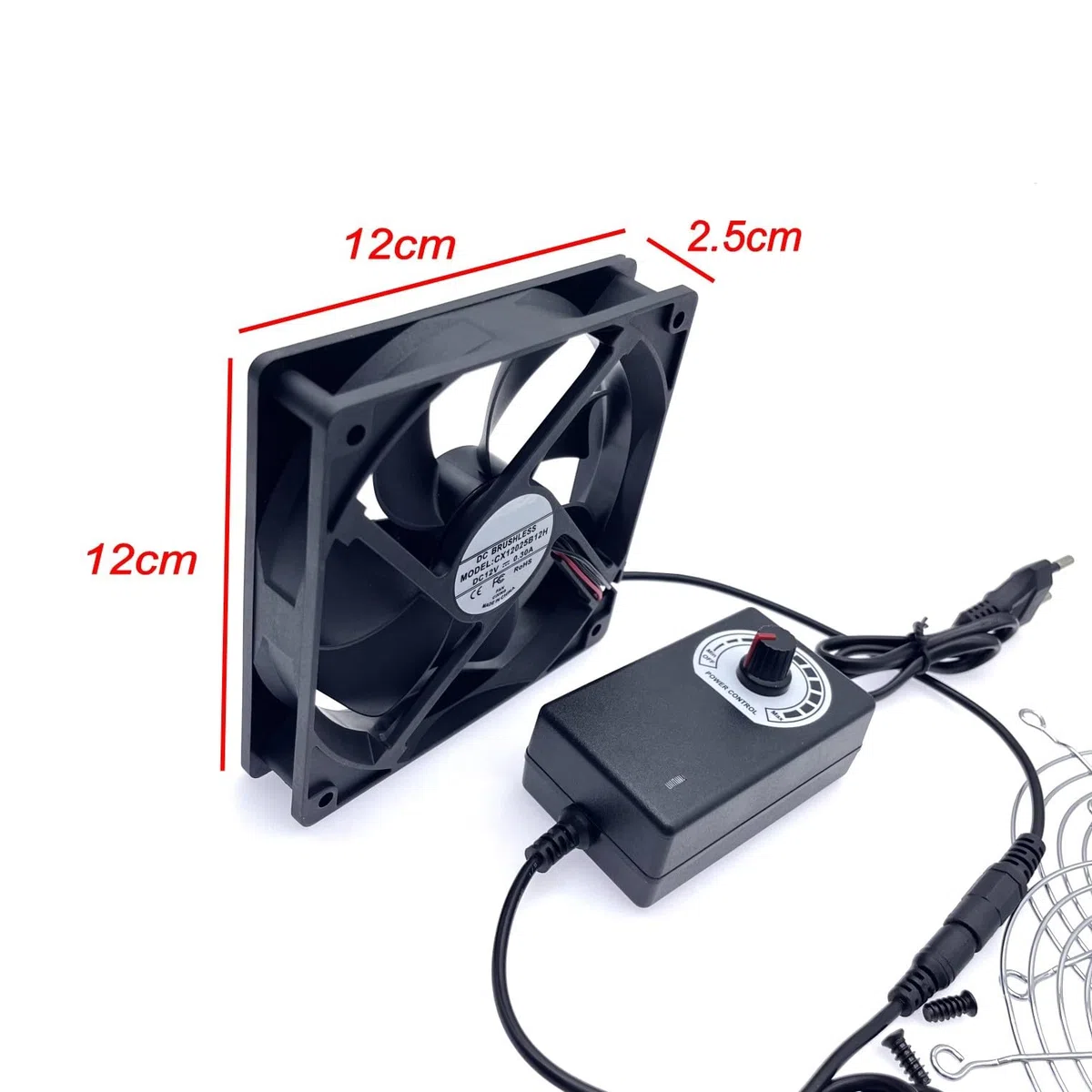 JZK 0.3A DC 12V 12cm Ventola di raffreddamento con controllo velocità regolabile, 12025 ventilatore brushless con griglia metallica per ventilatore per animali domestici, macchina ghiaccio, case PC