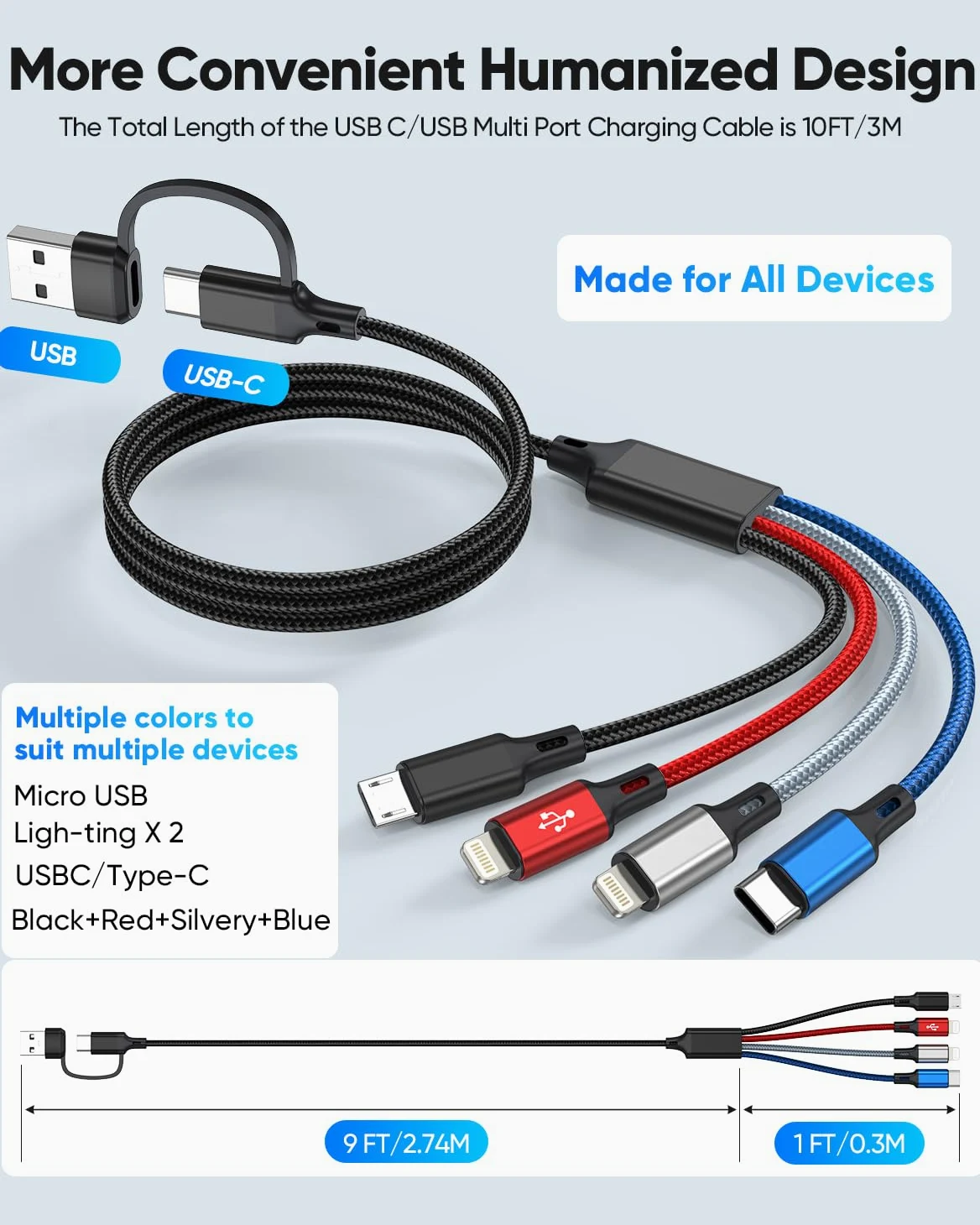 Cavo di ricarica multiplo 6 in 1 (3,5 m, confezione da 2), cavo di ricarica multiplo intrecciato, USB A/C a tipo C/Lightning* 2/Micro USB universale cavo di ricarica per iPhone, Samsung, orologio
