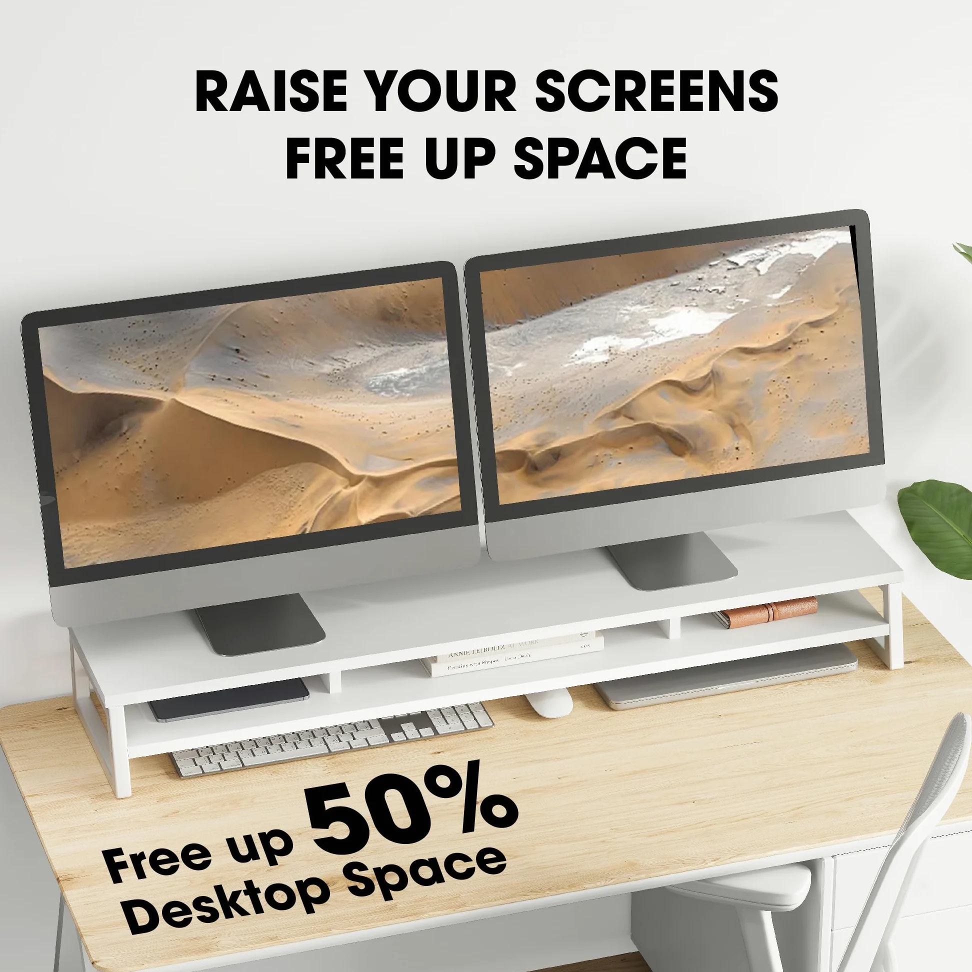 Fenge Supporto per Monitor per Computer in Legno con Struttura in Metallo, Rialzo per Monitor da Scrivania a 2 Livelli, Supporto Ergonomico per Laptop, PC, Computer, L108 x W25,5 x H13,7cm, Bianco