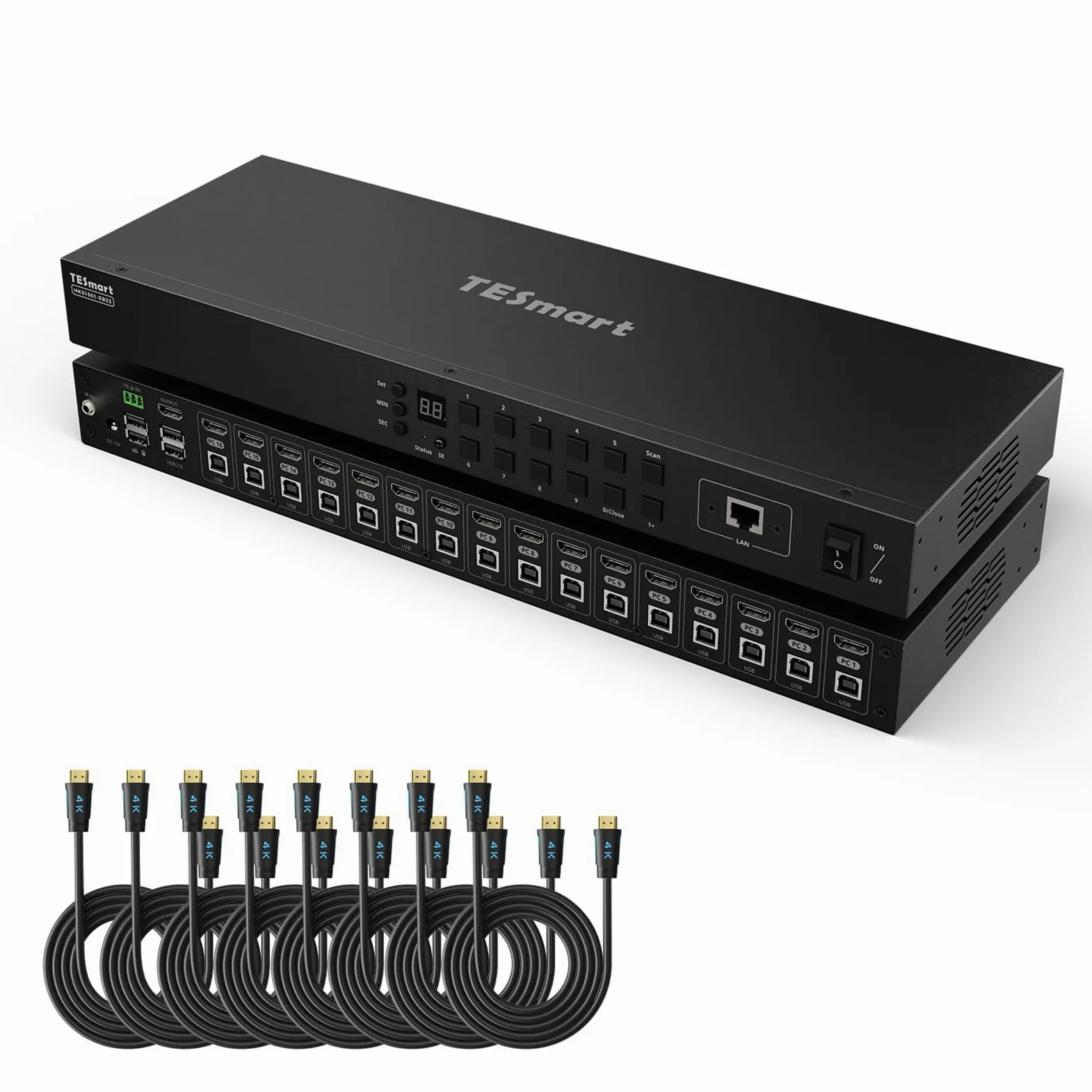 TESmart HDMI KVM Switch 16 Porte 4K@30Hz Ultra HD, Switch KVM Rack per 16 PC e 1 Monitor, Gestione EDID, USB RJ45 RS232 IR LAN, Include 8 Cavi da 1,5m, Modello HKS1601-EB