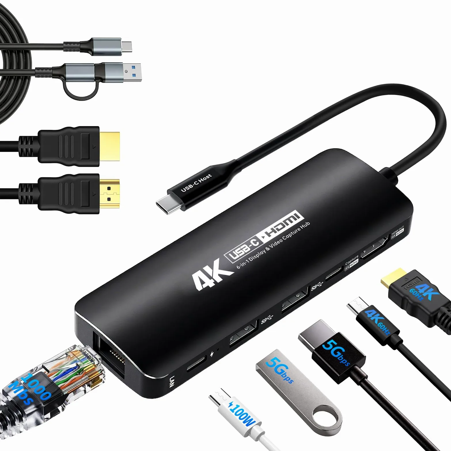 Guermok Capture Dock per Switch2, 4K60 HDMI & USBC Video Capture | Per OBS, PD 100 W, Gigabit Ethernet, hub USB 3.0, compatibile con Steam Deck e palmare da gioco