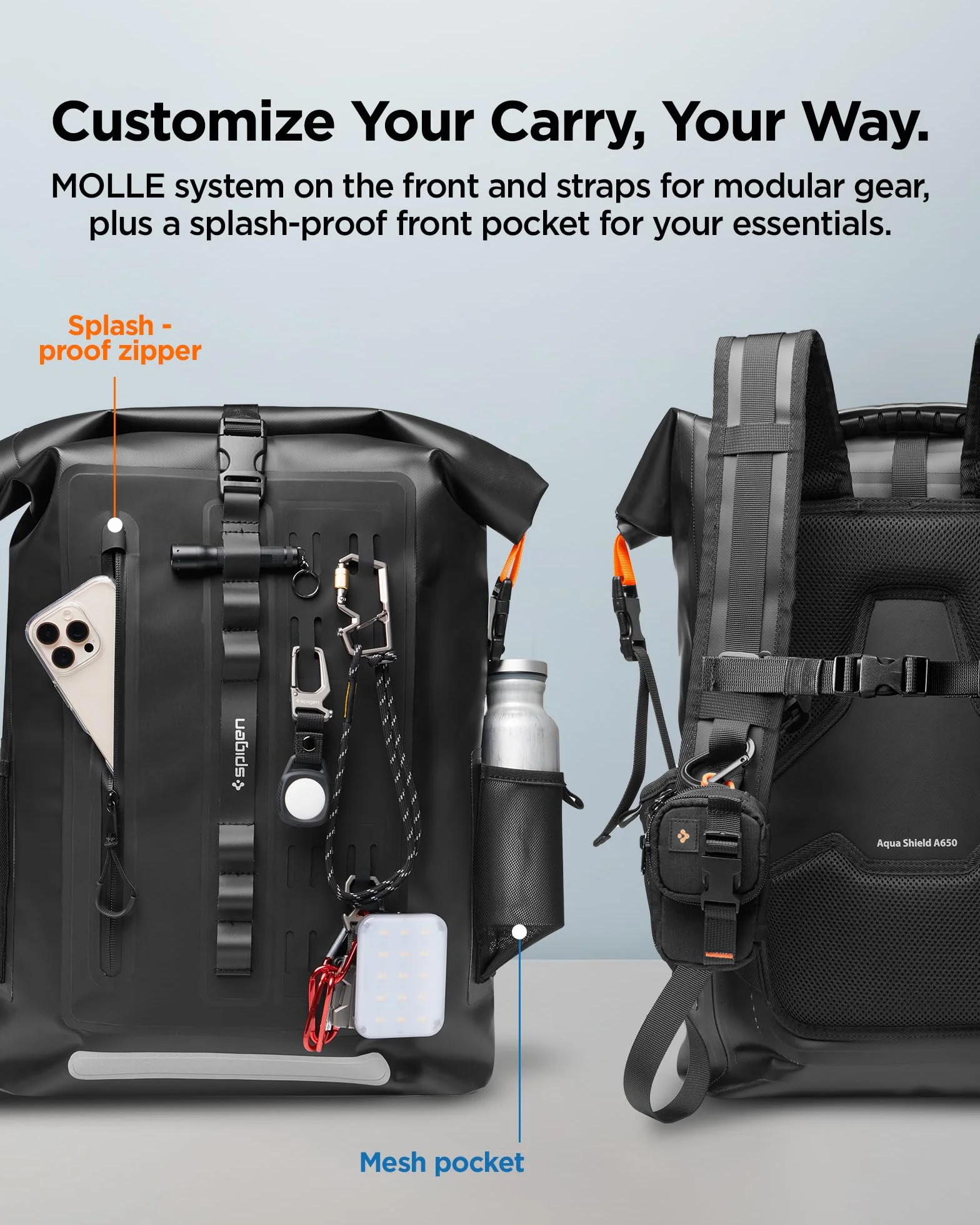 Spigen A650 Zaino Impermeabile 35L Roll Top | Nero, Zaino Roll-Top Impermeabile IPX6 35L. Compatibile Laptop 16" con Custodia Imbottita. Schienale Ventilato