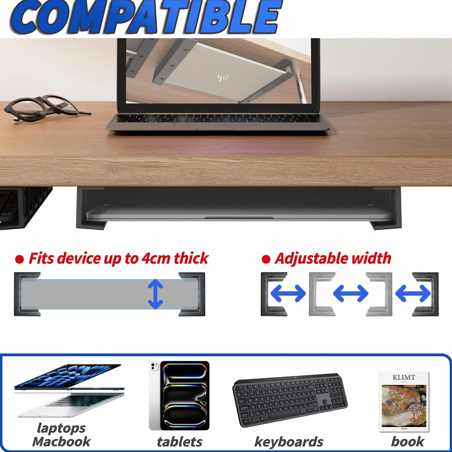 sciuU Supporto Sotto Scrivania/da Parete, Portaoggetti Multifunzione per Laptop, Tablet, Tastiere, Modem, TV Box, Organizer Salvaspazio per Scrivania e Parete, per Dispositivi < 4 cm