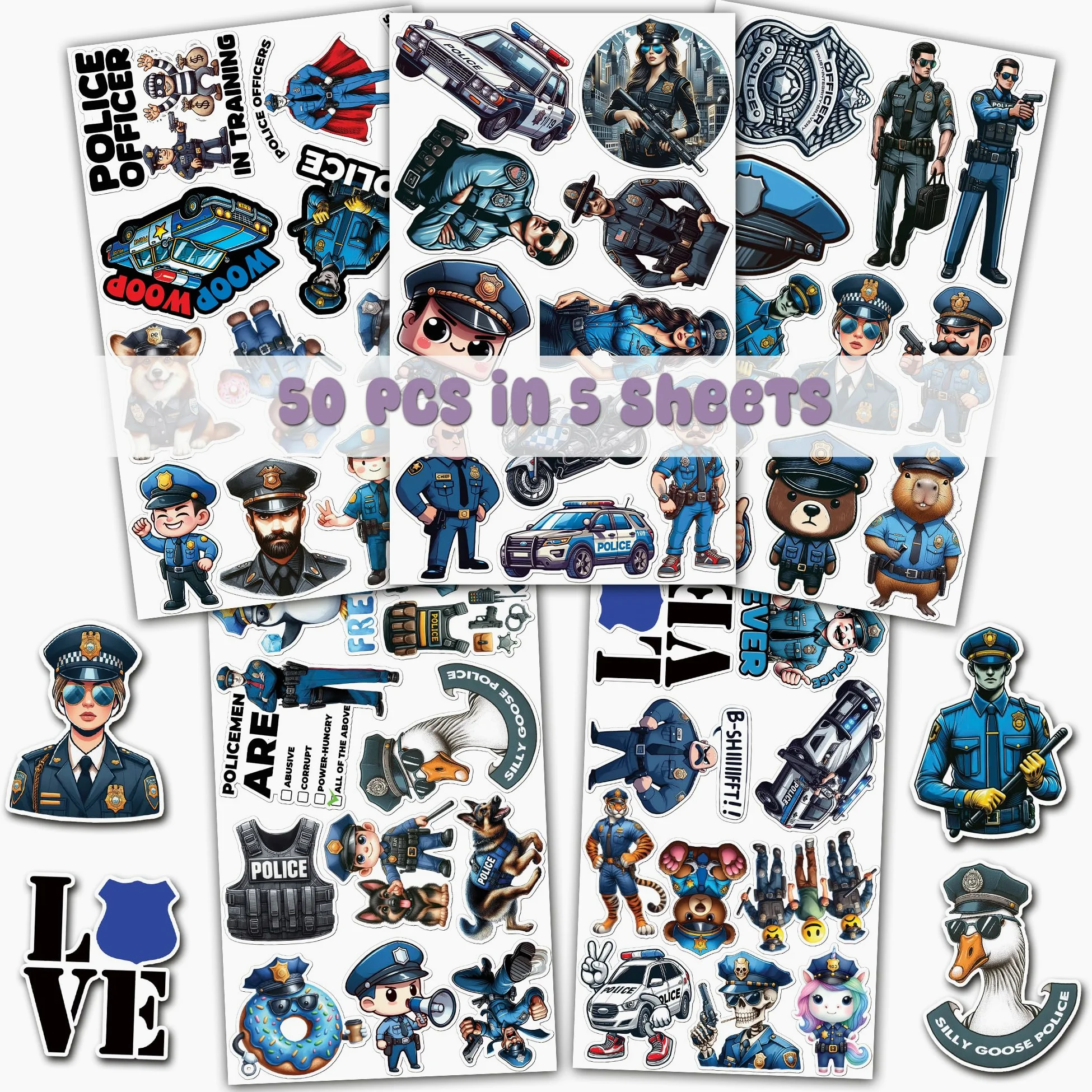 Confezione da 50 adesivi impermeabili per auto della polizia, decalcomanie in vinile, forniture per bomboniere, decorazioni per feste, bottiglie d'acqua, laptop, telefono, casco, album di