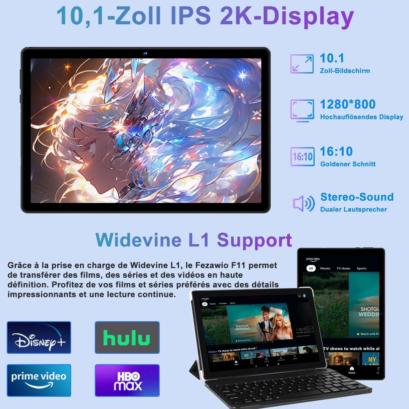 fezawio Tablet 10 Pollici Android 15, 20GB RAM+128 ROM, Widevine L1, Nero | con Tastiera, Mouse e Custodia, Octa-Core, WiFi 5G, BT5.0, 8MP+5MP, 6000mAh