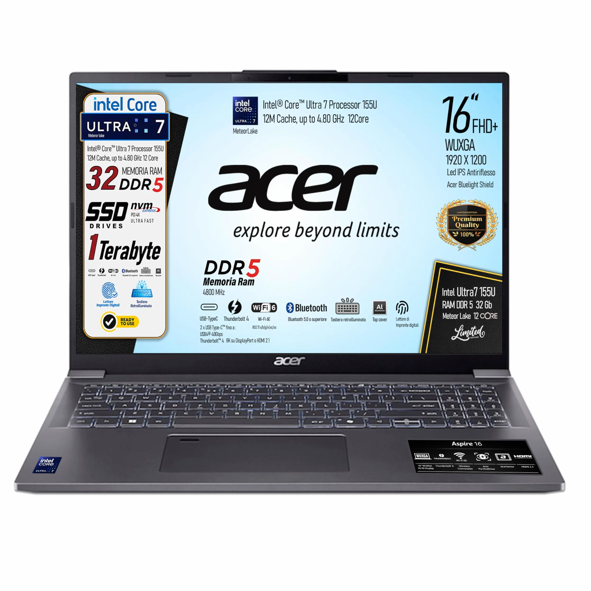Acer Notebook, Intel Ultra7 155U Meteor Lake, Ram DDR5 32Gb, SSD Pci da 1 Tb, Display WUXGA 16" FHD+, Tastiera qwerty retroilluminata, fingerprint, Wi-Fi 6, thunderbolt 4, Hdmi, pronto all'uso