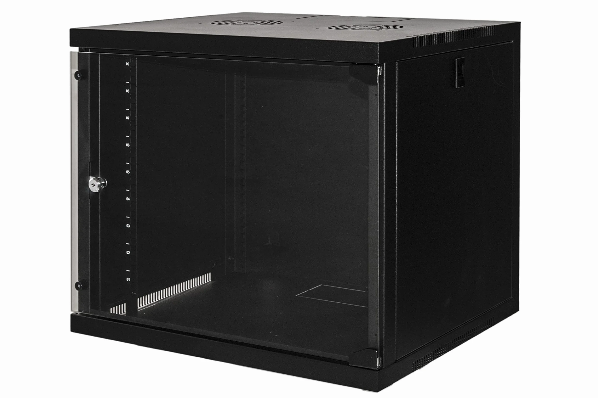 LINK LK1909UN armadio rack 19" 9 unità da muro per reti con fianchi apribili e porta in vetro temprato nero dimensioni 54x45x48,5 cm capacità di carico 50 kg include kit montaggio
