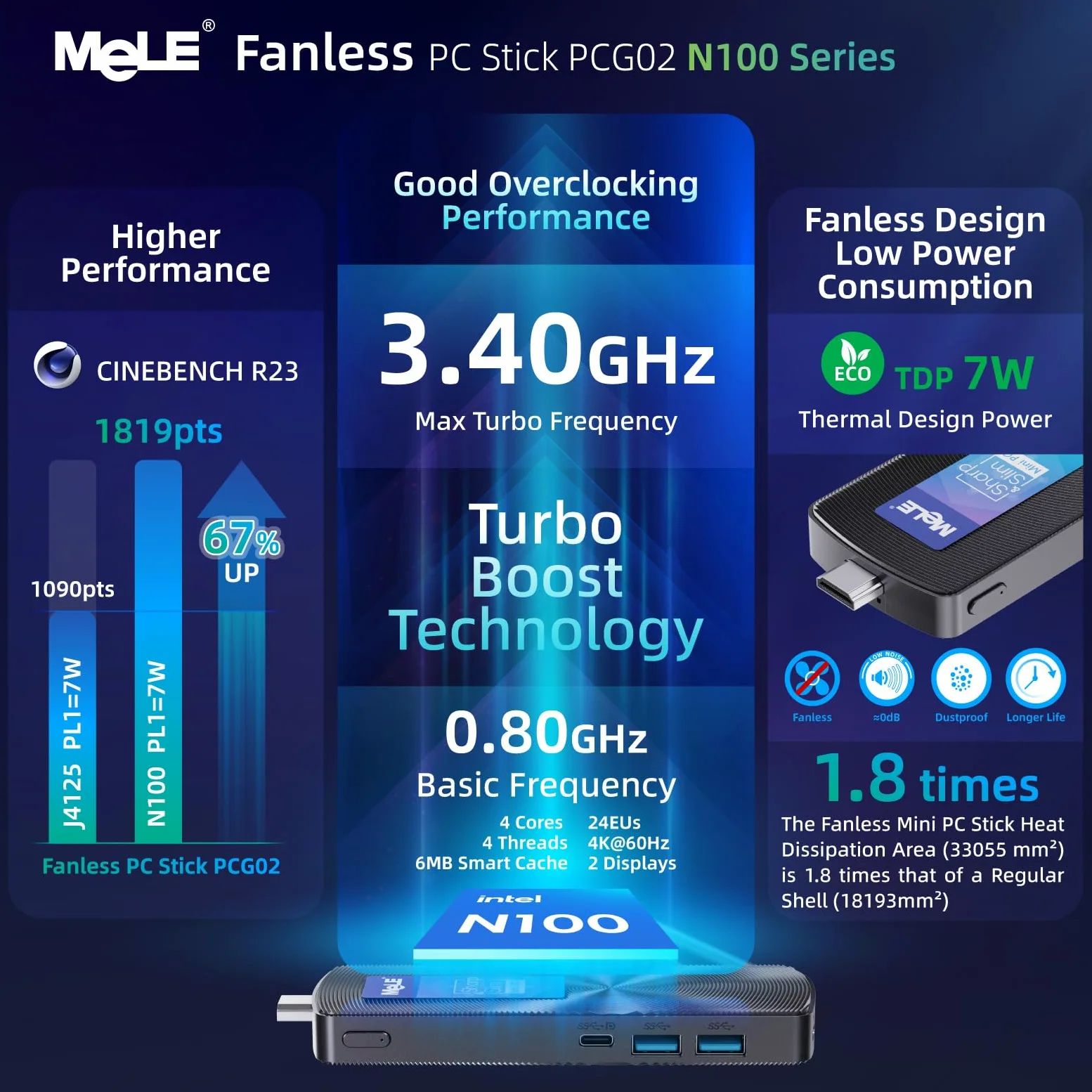 Mele PCG02 Mini PC Stick senza ventola Alder Lake N100 (fino a 3,4 GHz) 8GB LPDDR4 128GB ROM Micro computer desktop PC a fattore di forma ridotto con USB-C, 2.4G/5G WiFi, 4K HDMI per l'ufficio