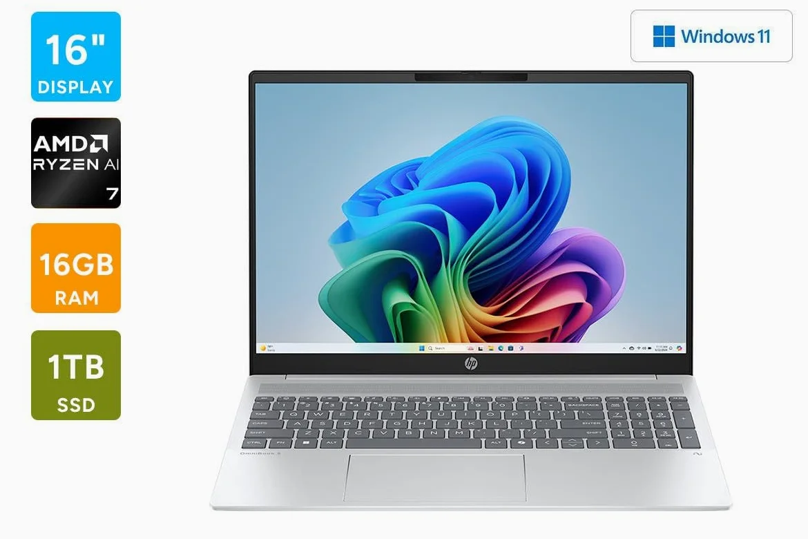HP Omnibook 5 - Computer portatile AI da 16", AMD Ryzen AI 7 350, PC Copilot+, touchscreen 2K (1920 x 1200), memoria da 16 GB, SSD da 1 TB, Windows 11 Home