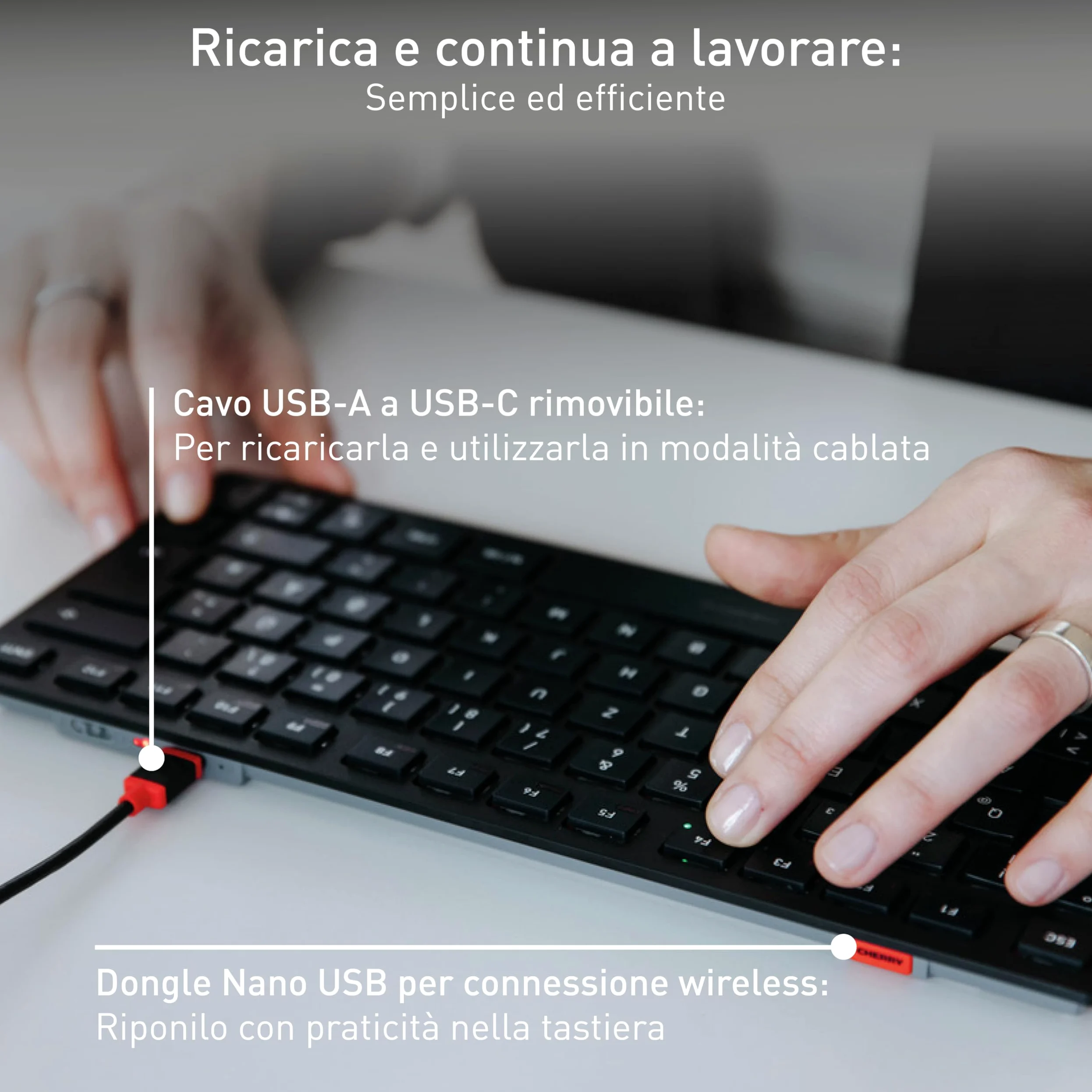 CHERRY KW 9200 MINI, Tastiera Multidispositivo Compatta per fino a 4 Dispositivi, Layout per l'Unione Europea (QWERTY), Bluetooth, 2,4 GHz o Cavo, Ricaricabile, Nero