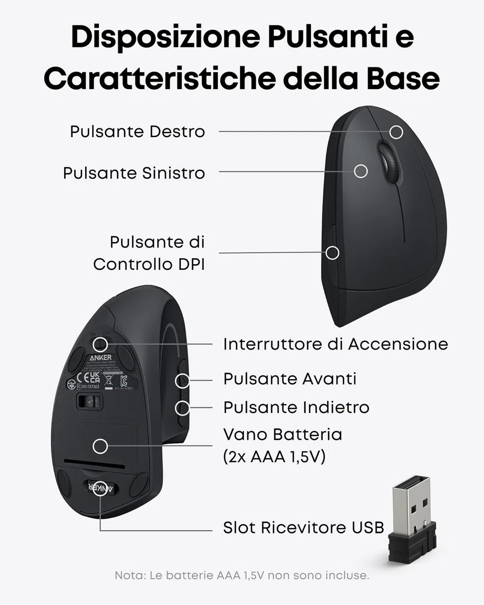 Anker Mouse Verticale Wireless - Mouse Senza Fili con Impugnatura Verticale e Design Ergonomico, Nero