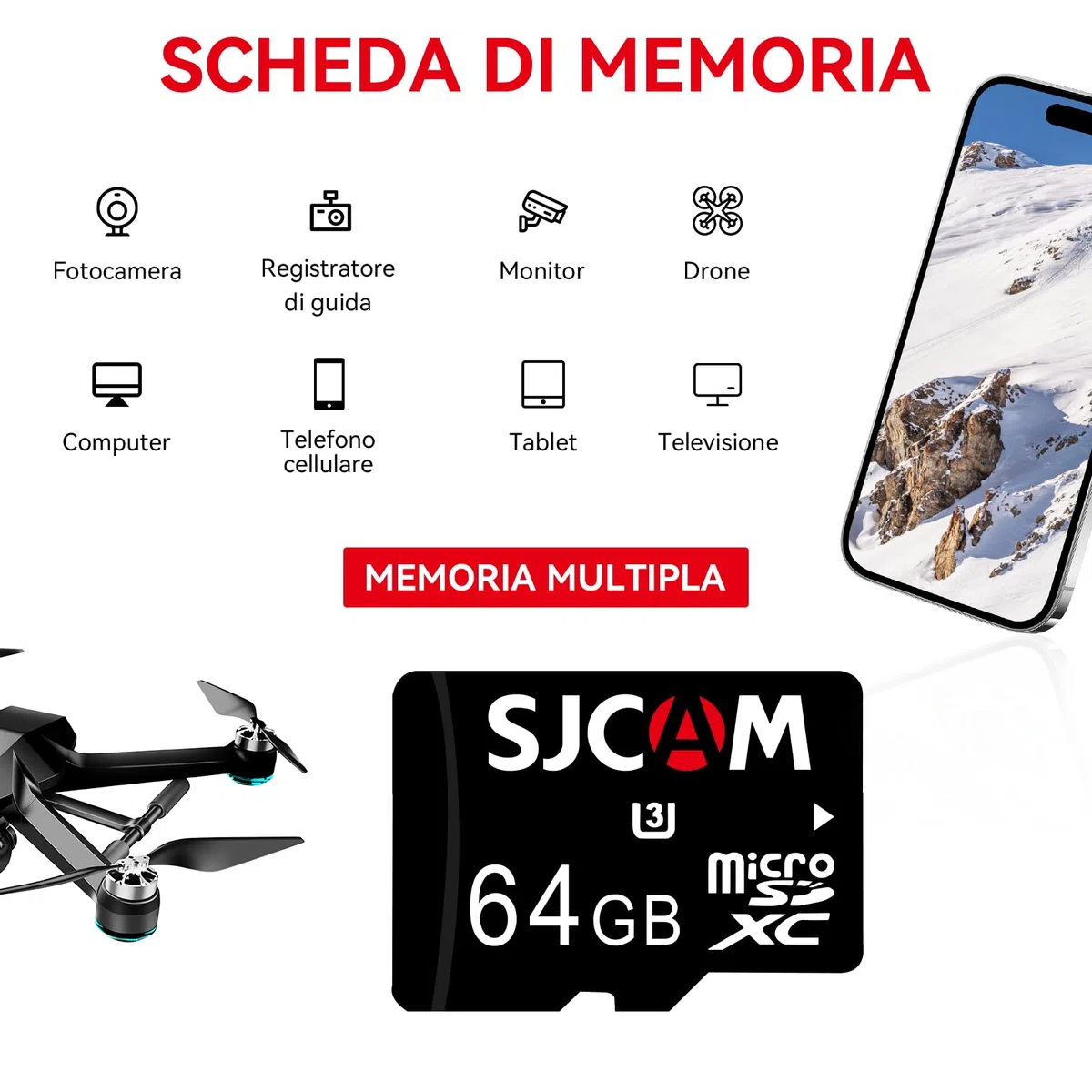 SJCAM 64G Card, Velocità fino a 100 MB/s, compatibile con C300, C400, C200PRO, C110, C110+, SJ20, SJ11, SJ4K Action Cameras, Vlog Cameras