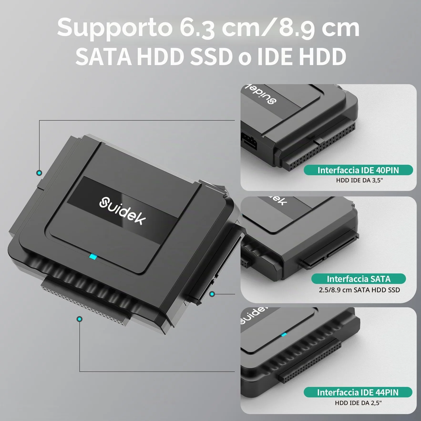 SUIDEK Adattatore da USB C a SATA IDE, adattatore per disco rigido IDE esterno per disco rigido universale da 2,5/3,5 pollici HDD/SSD, kit convertitore SATA con adattatore di alimentazione 12V/2A
