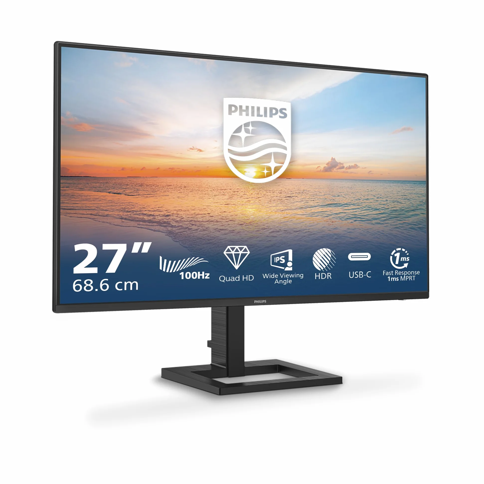 PHILIPS 27E1N1600AM - Monitor Quad HD da 27 pollici, altoparlanti, altezza regolabile (2560x1440, 100Hz, HDMI 1.4, USB-C (65W PD), Hub USB) nero