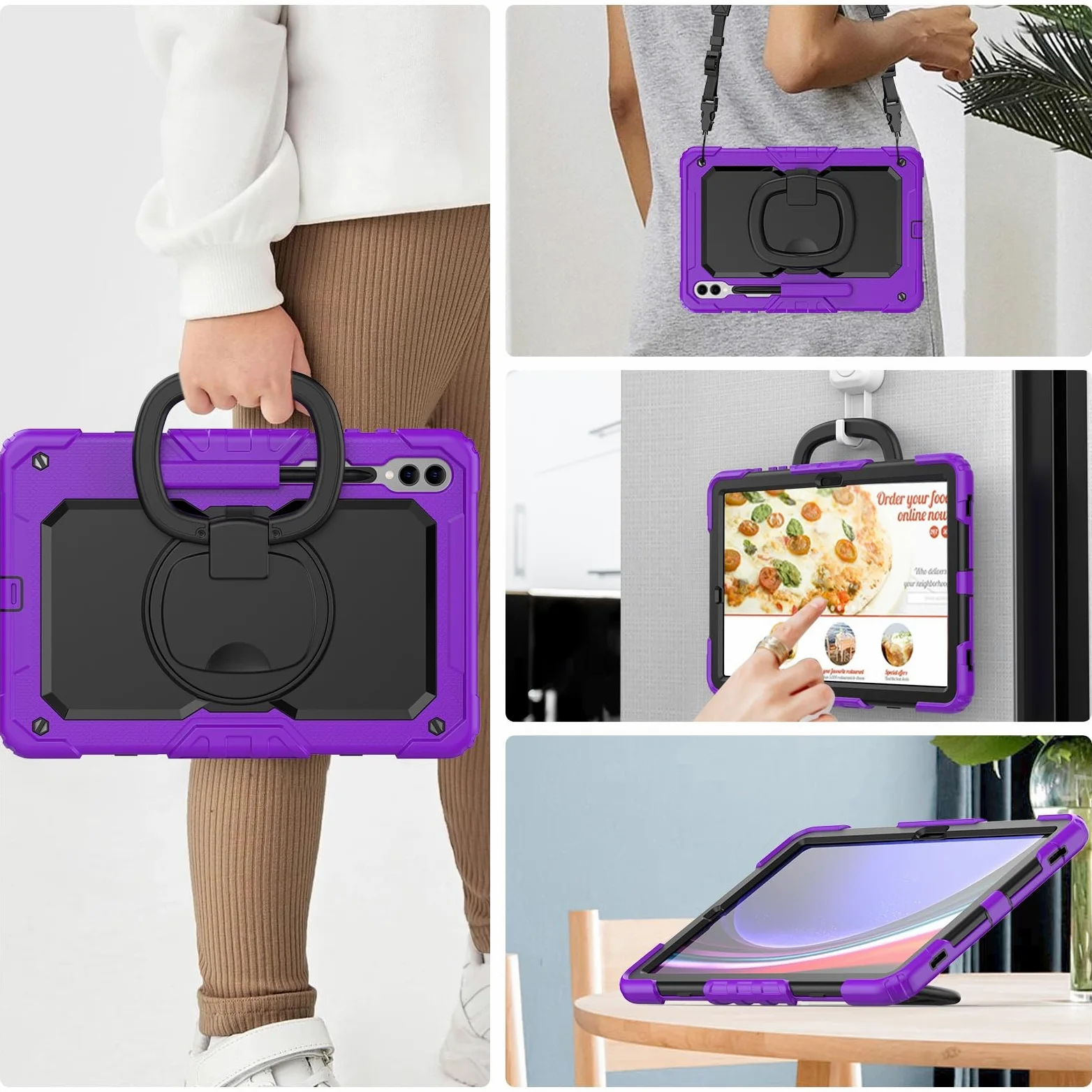 Custodia in TPU Resistente e Antiurto For Samsung Galaxy Tab S10 Plus 12.4" 2024 SM-X820/X826B/X828U For Bambini, Maniglia Girevole a 360 Gradi Staffa di Supporto W Protezione Schermo+Tracolla(Mor)