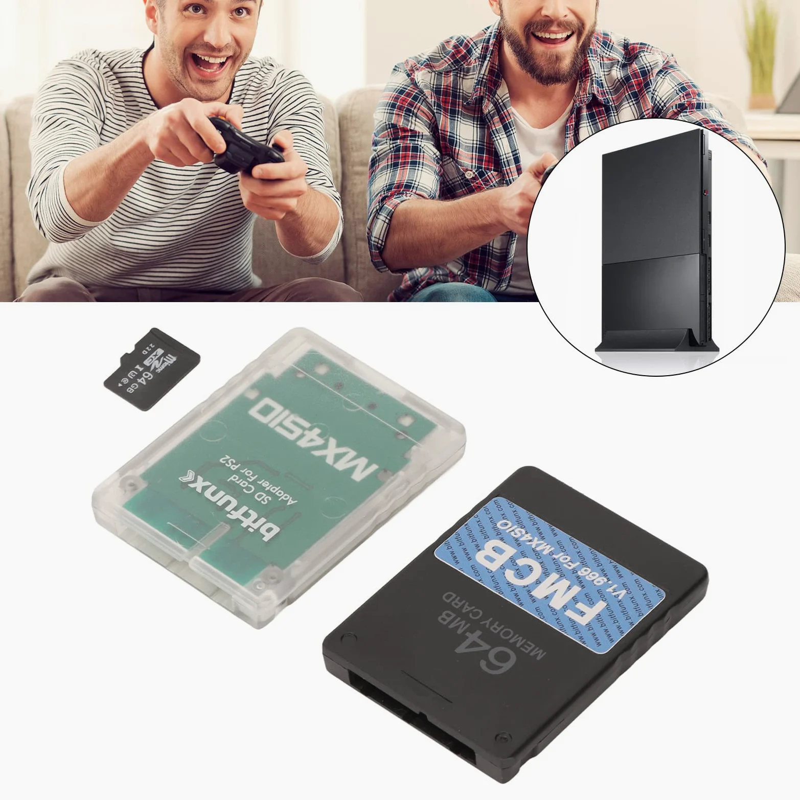 MX4SIO SIO2SD Adattatore per schede TF con scheda TF 64G, per console di gioco PS2 Adattatore di espansione della memoria della scheda FMCB adatto per console grasse OPL 1.2.0