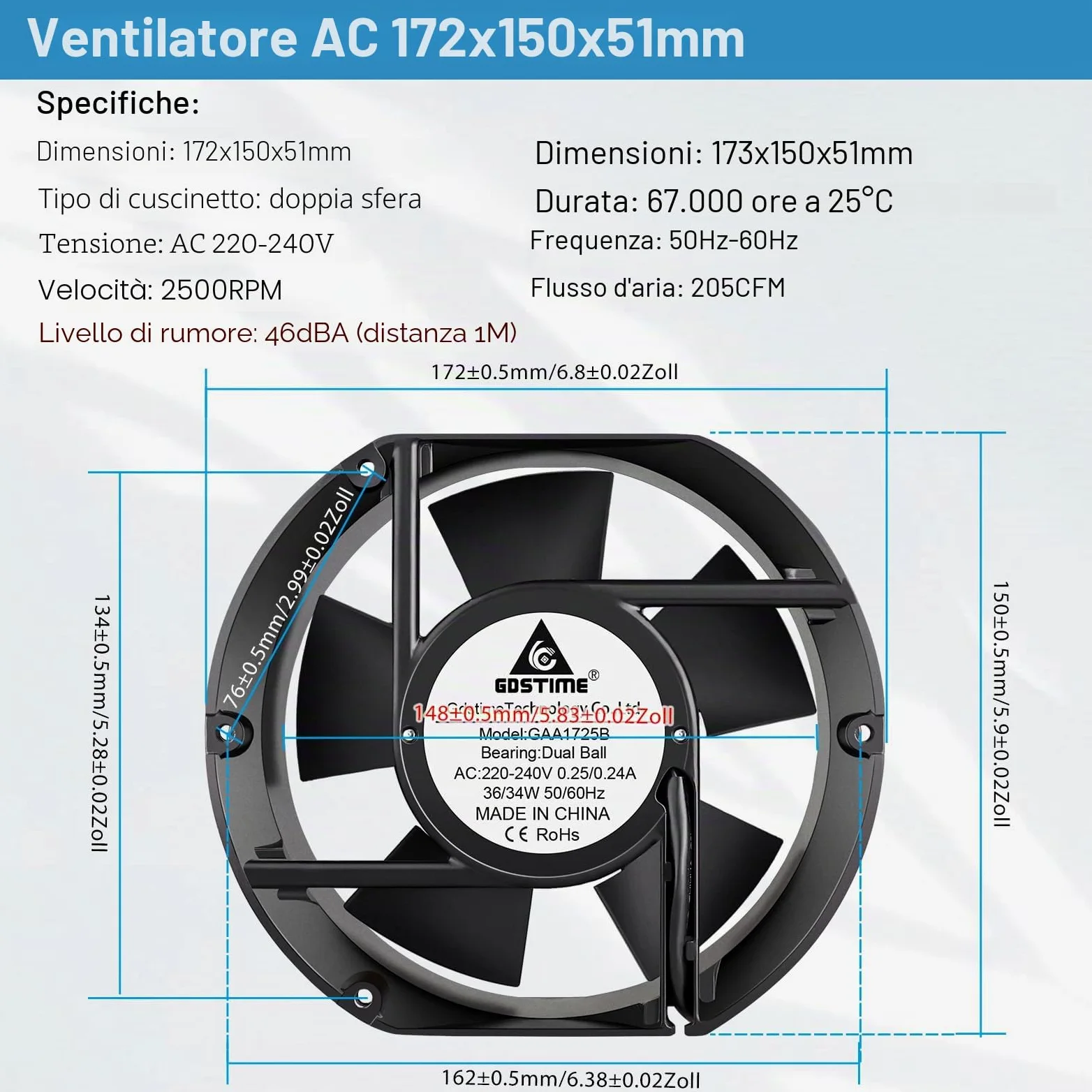 GDSTIME Ventola assiale da 230 V, 172 mm x 150 mm x 51 mm, 220 V AC, doppio cuscinetto a sfera, grande flusso d'aria per PC, computer, laptop, raffreddamento