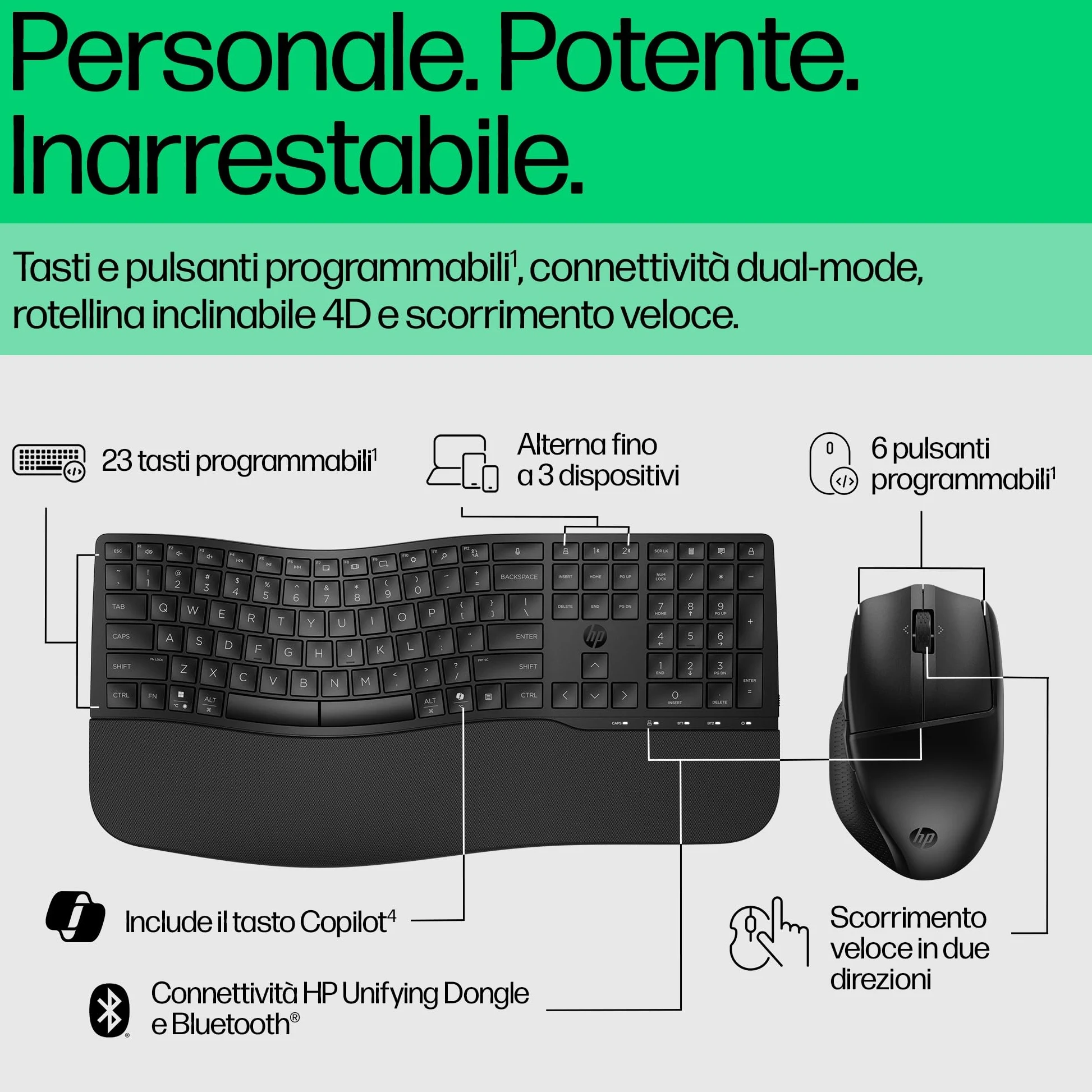 HP 680 Combo Tastiera e Mouse Wireless, 6 Tasti Programmabili, Sensore Ottico da 1200 dpi, Fino a 36 Mesi di Batteria per la Tastiera e 20 per il Mouse, Compatibile con Windows 11, Nera