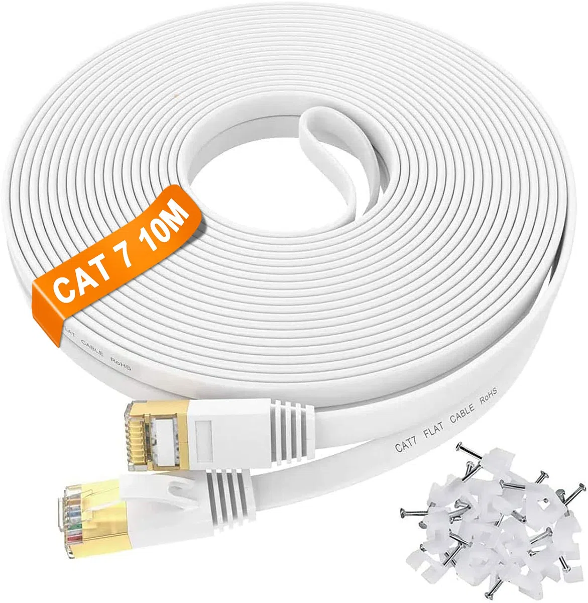 Cavo Ethernet 10 metri Cat 7, Alta Velocità Cavo LAN Piatto Cavo di Rete Schermato S/FTP, Cavo Internet Bianco 10Gbps 600MHz, Gigabit Cavo RJ45 10m Cat 7 per Router Switch Modem Xbox PC (10 Clips)