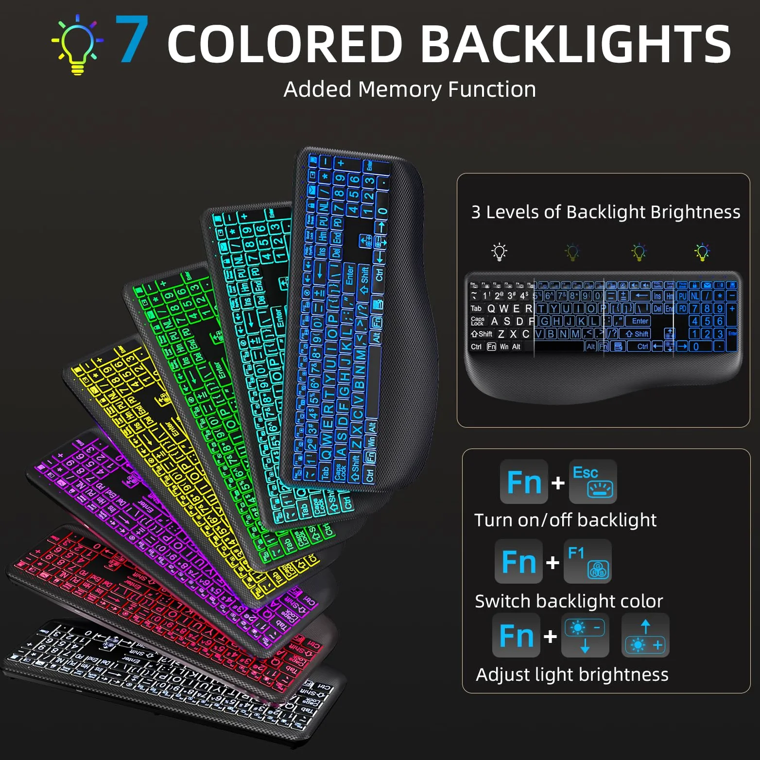 Tastiera wireless retroilluminata con stampa grande, tastiere silenziose con poggiapolsi, illuminazione a 7 colori, tasti silenziosi a basso profilo, tastiera wireless ricaricabile da 2,4 G per