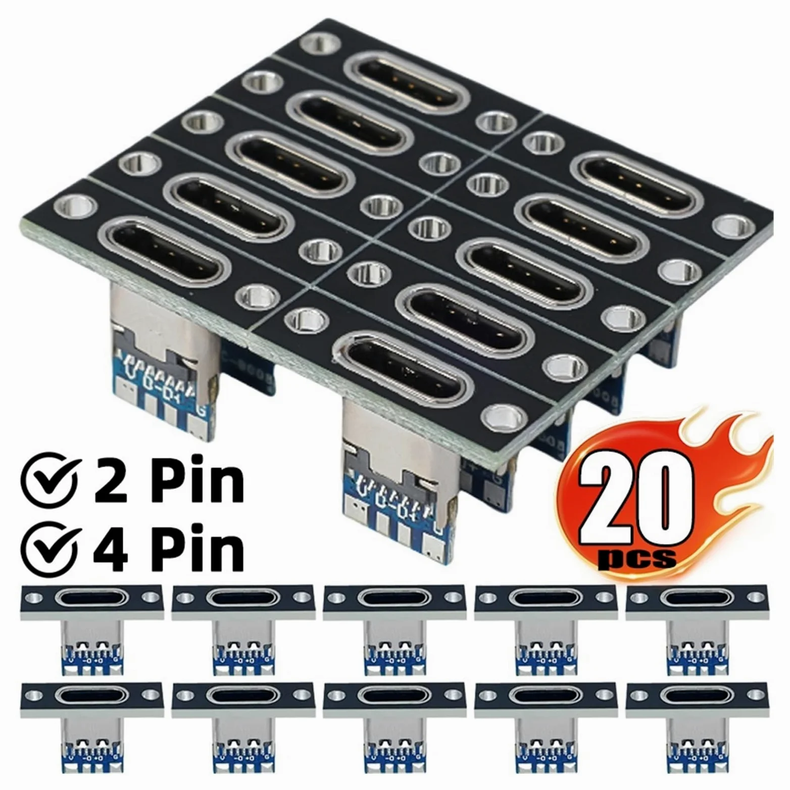 Porta di ricarica USB-C femmina a 2/4 pin con piastra di fissaggio a vite, 5/20 pezzi | 2 piastre, 10 pezzi, 4 pin