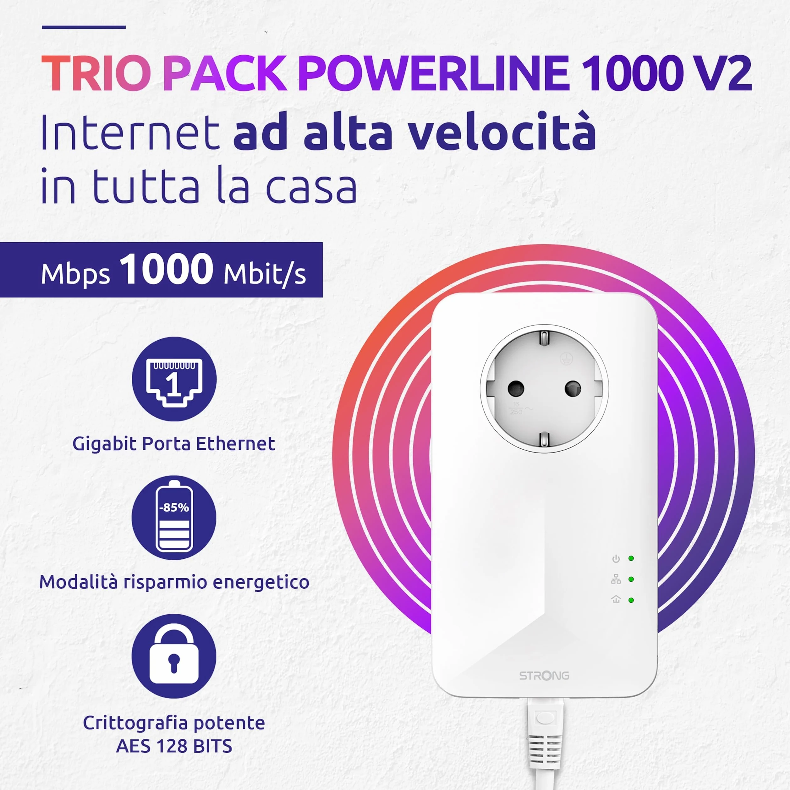 STRONG - Powerline 1000 Triple EU - 3 Adattatori 1000 Mbps - Accesso a Internet Veloce - Presa Passante Schuko - Portata di 300m - Per Tutti i Modem/Router - Ethernet - Installazione Facile - Bianco